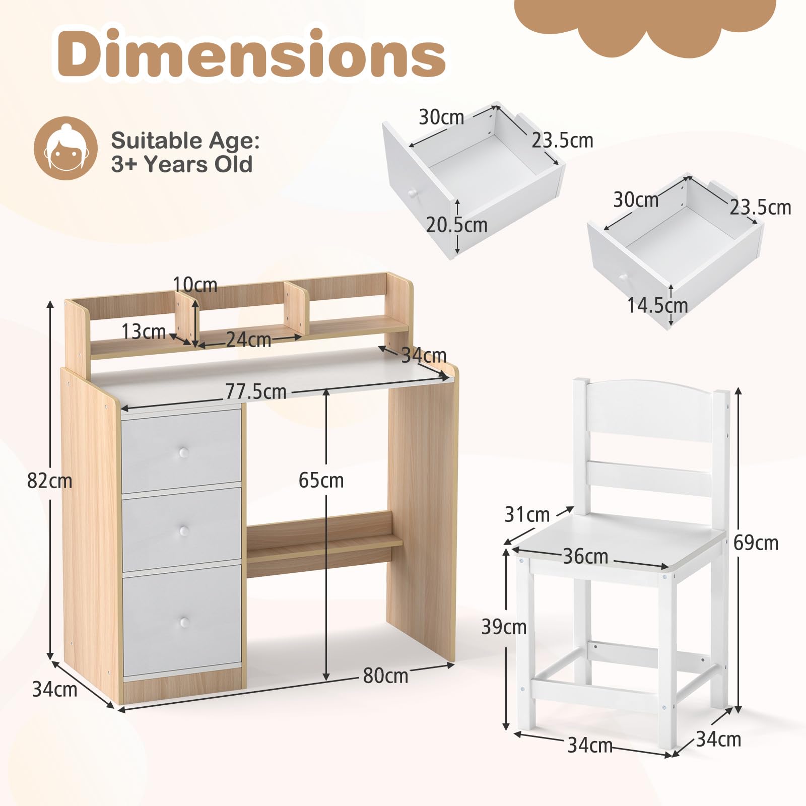 HOGEBABY Kids Desk and Chair Set | Wooden Study Writing Table Set w/Hutch - Image 3