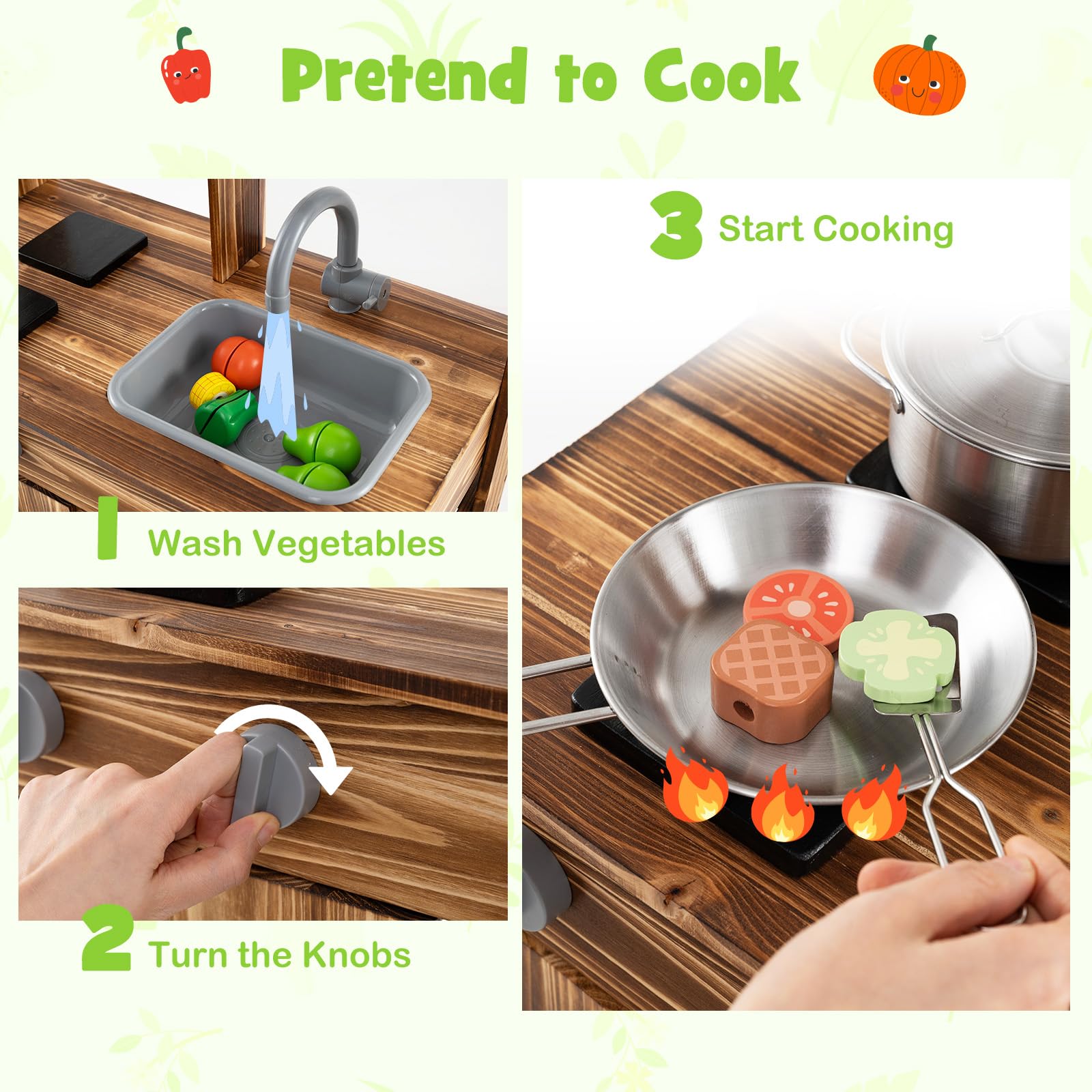 HOGEBABY Fir Wood Outdoor Play Kitchen with 4 Planting Pots - Image 3