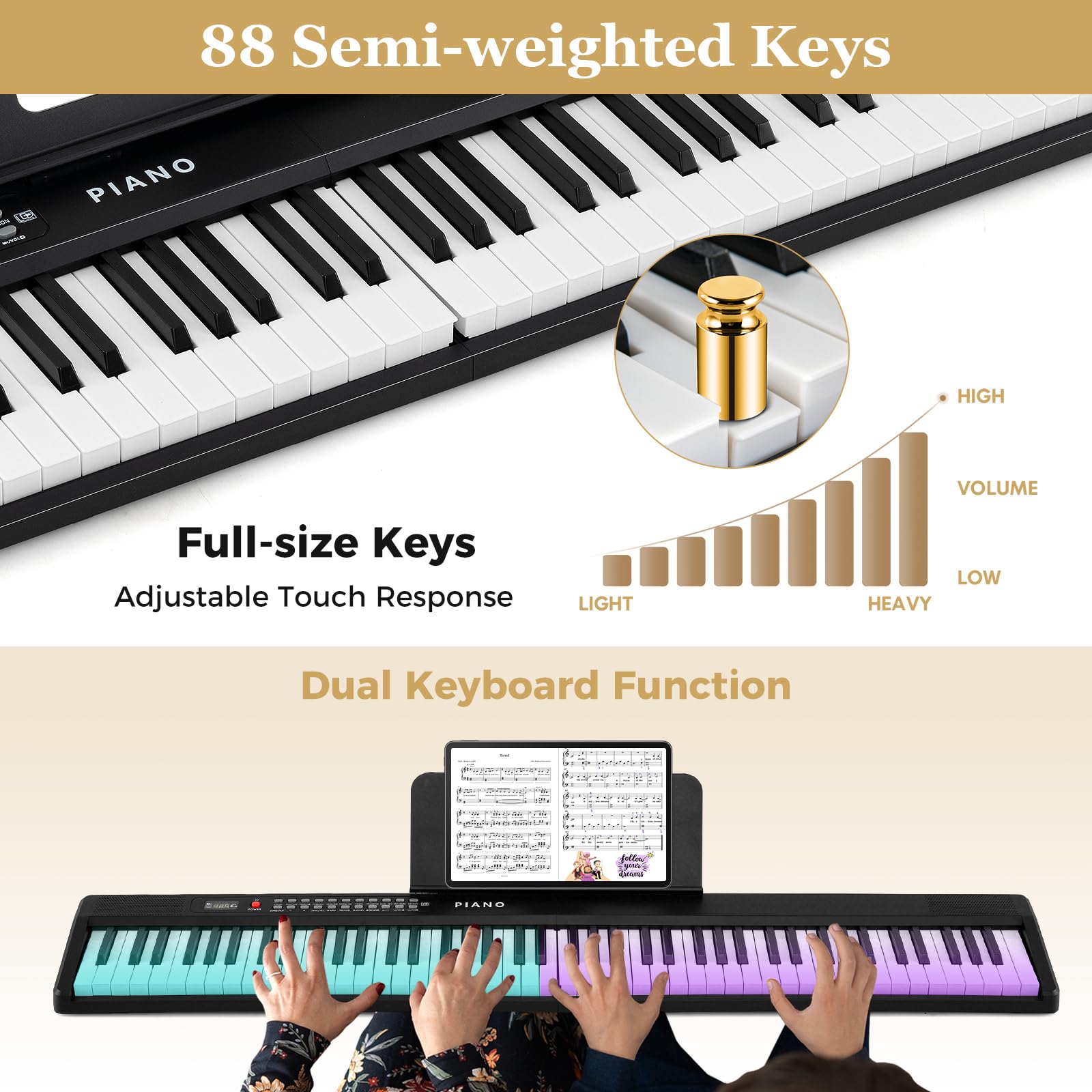 HOGEBABY 88 Key Folding Piano Keyboard Portable Full Size Semi-Weighted Electric Digital Piano - Image 3