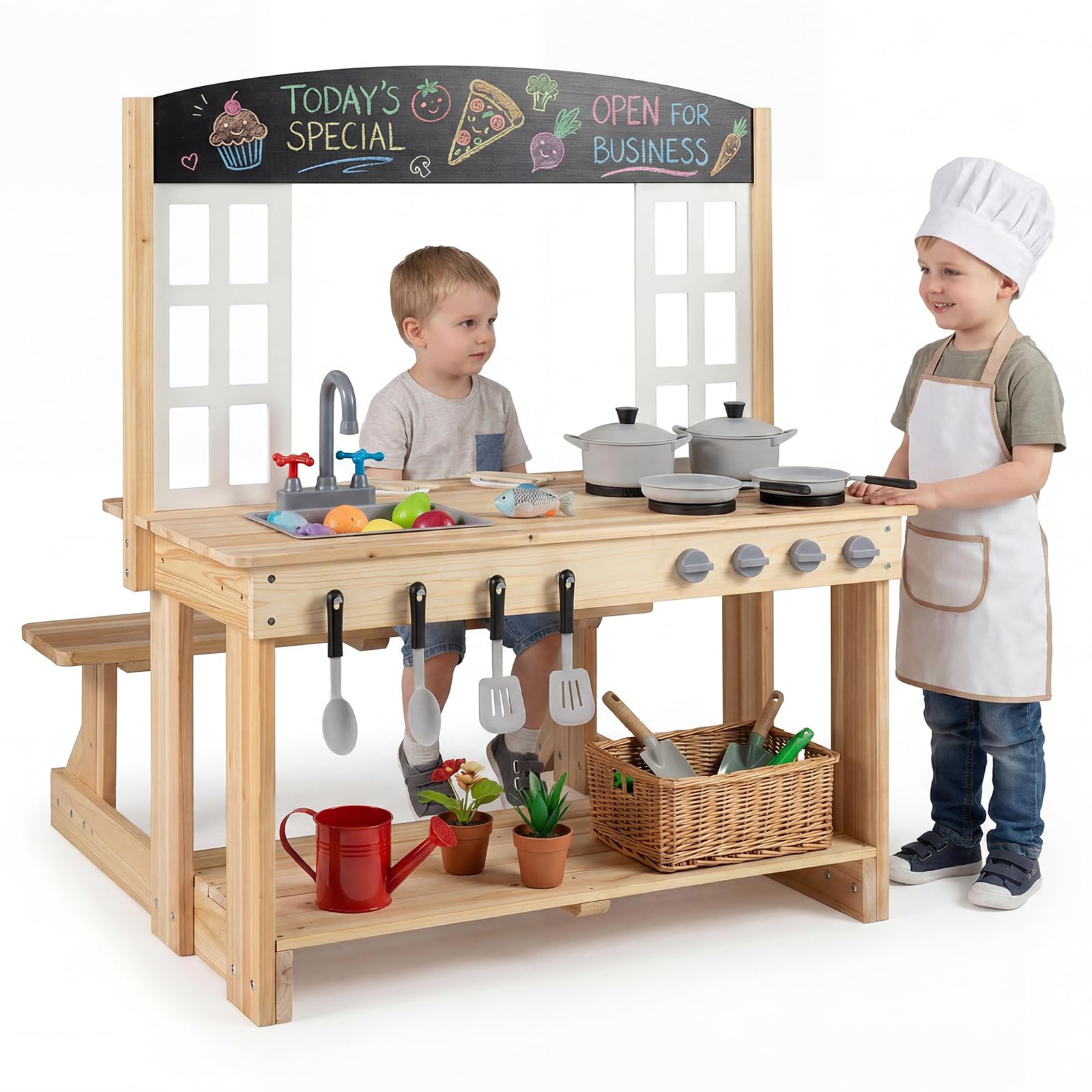 HOGEBABY Outdoor Wooden Kids Kitchen Playset w/Bench - Image 3