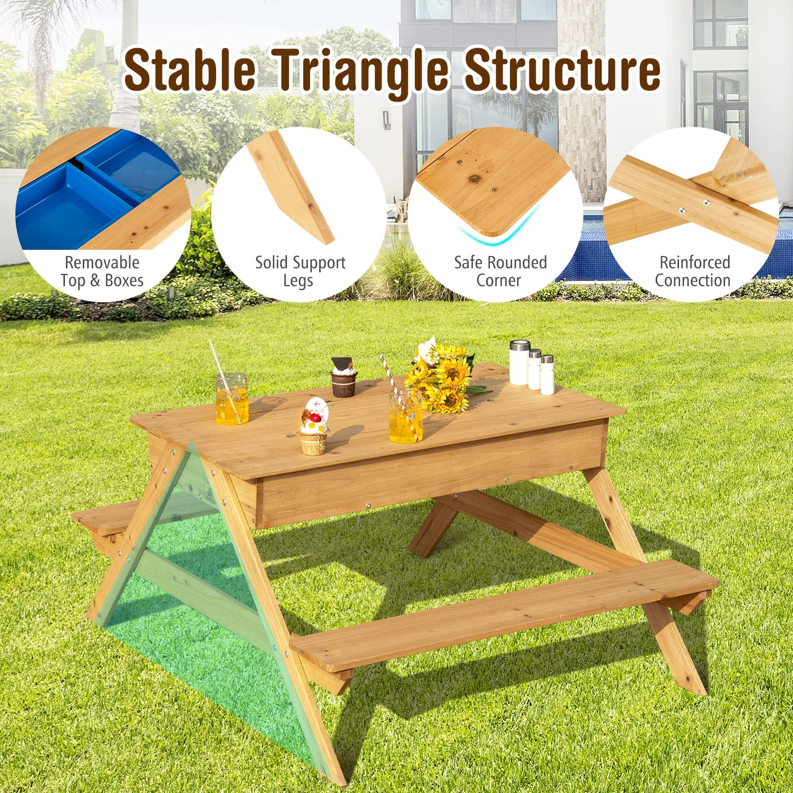 HOGEBABY Kids Picnic Table, 3 in 1 Multipurpose Sand & Water Table w/Removable Top & 2 Storage Boxes - Image 4