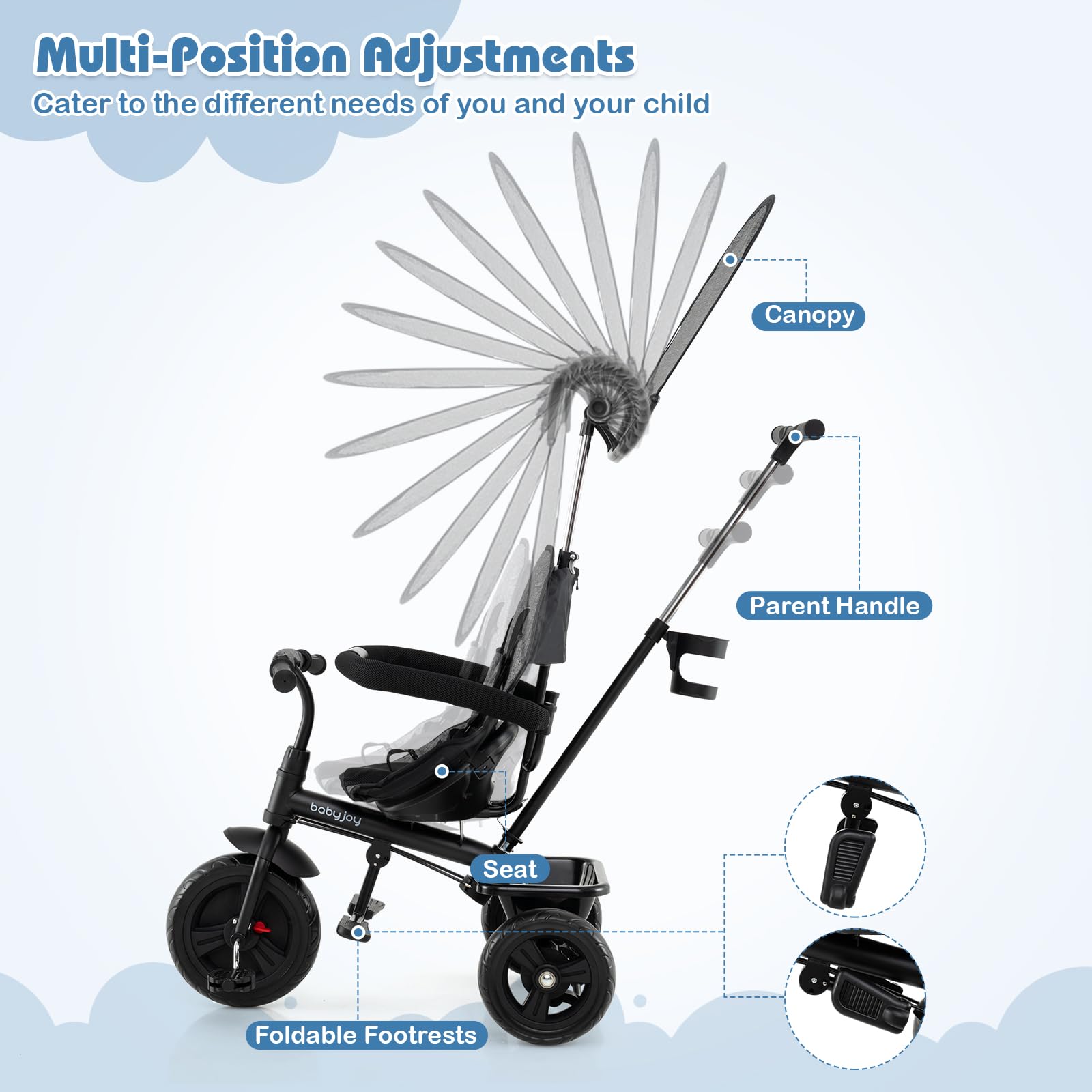 HOGEBABY Toddler Tricycle 7 in 1 Push Trike 5-Point Safety Harness and All-Terrain EVA Wheels - Image 3