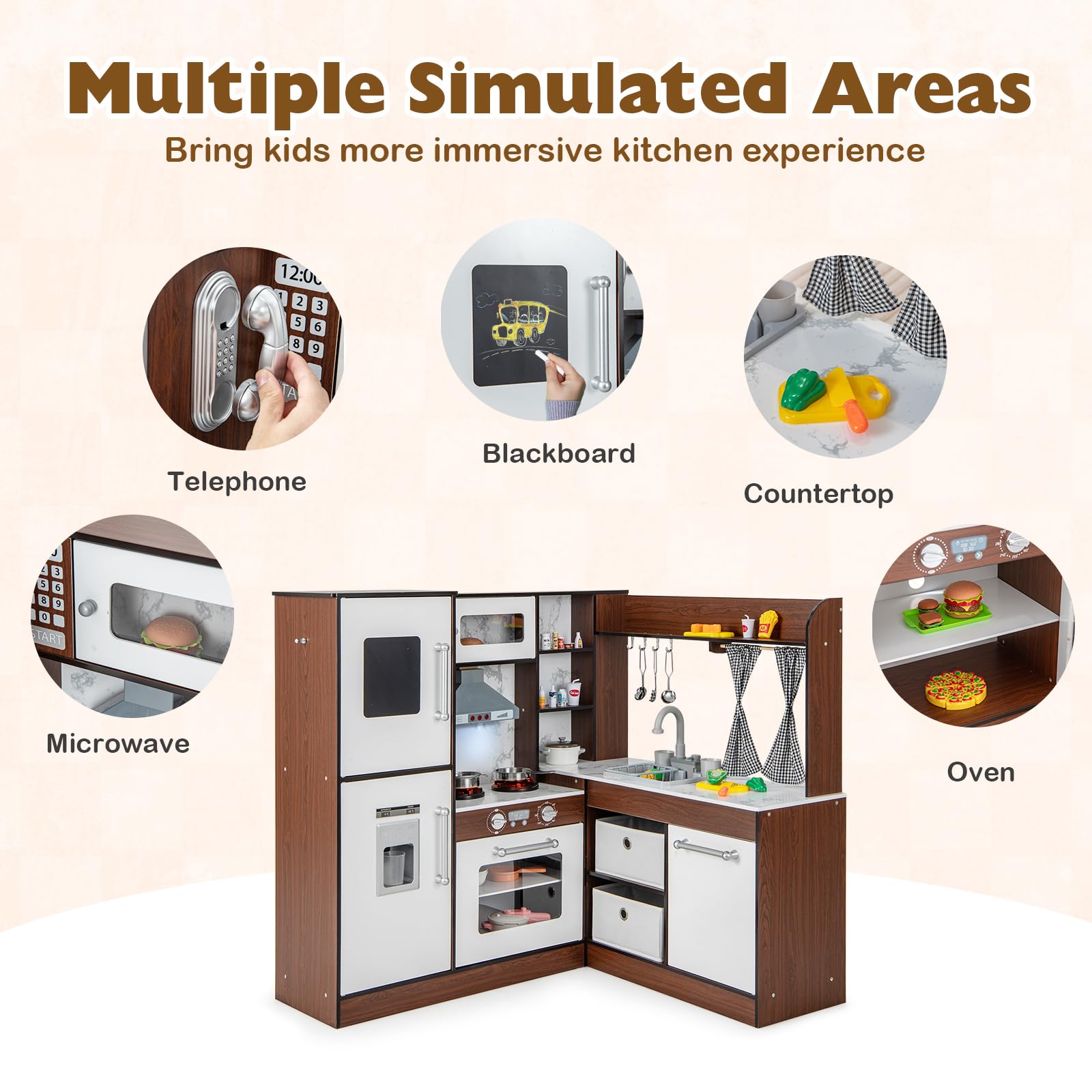 HOGEBABY Kids Corner Kitchen Playset, Toddler Pretend Toy Kitchen w/Sink & Faucet, Water Circulation System - Image 3