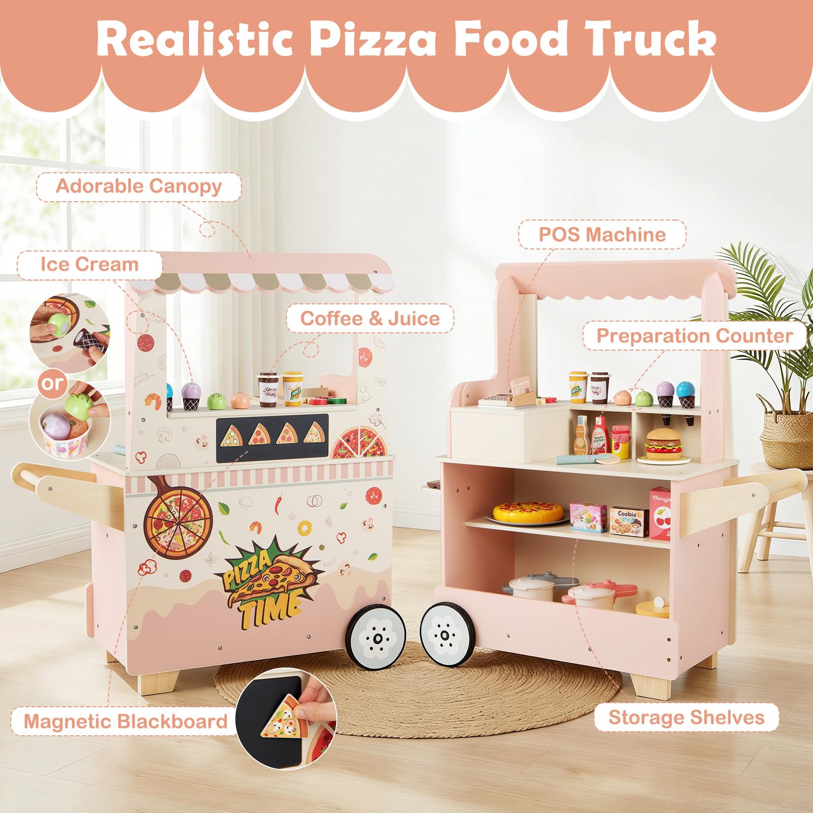 HOGEBABY Wooden Pizza Food Truck Kids Pretend Play Snack Shop Playset - Image 6