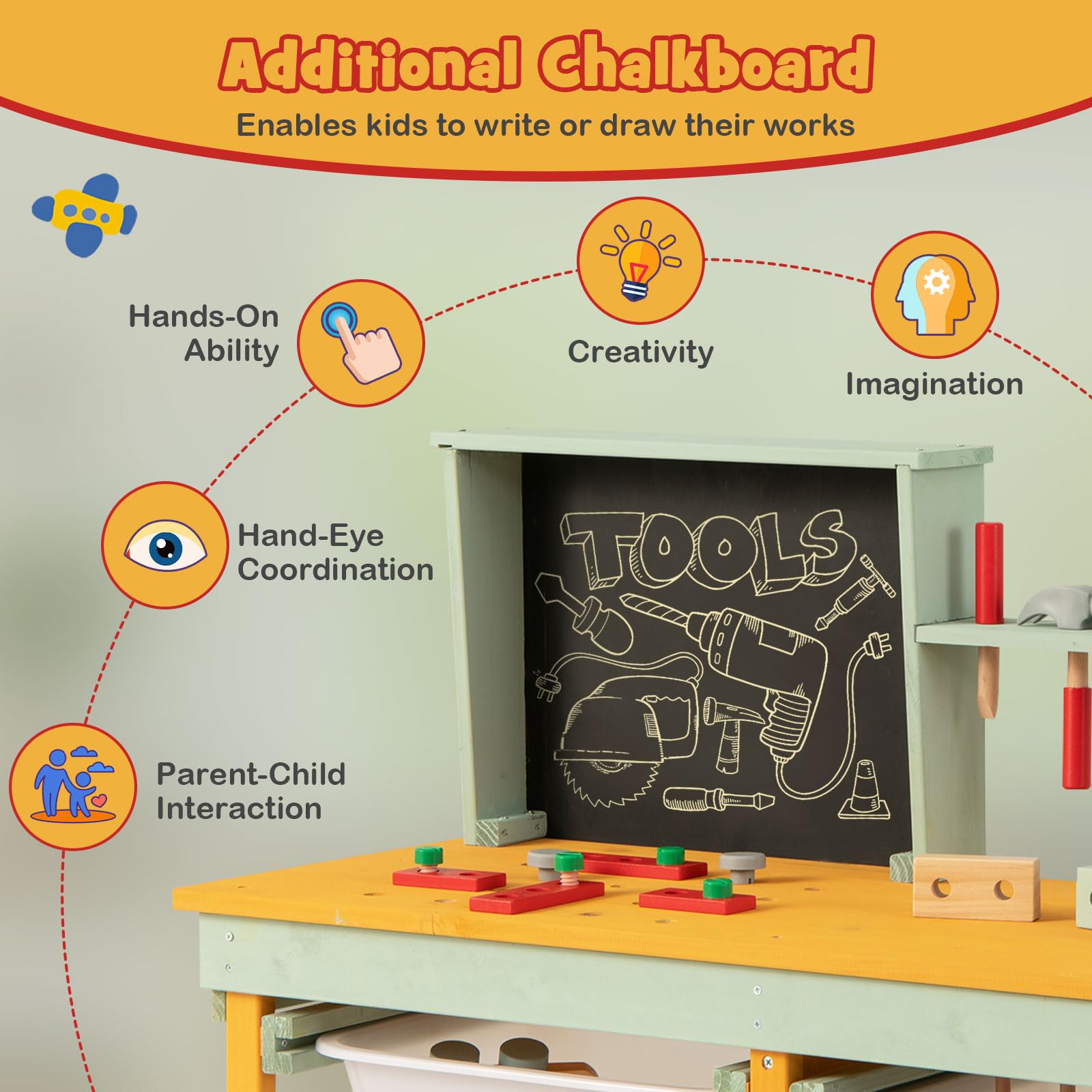 HOGEBABY Tool Bench for Kids, Wooden Pretend Workbench with Toy Tools and Accessories, Realistic Role Play Construction Building Tool Set - Image 3