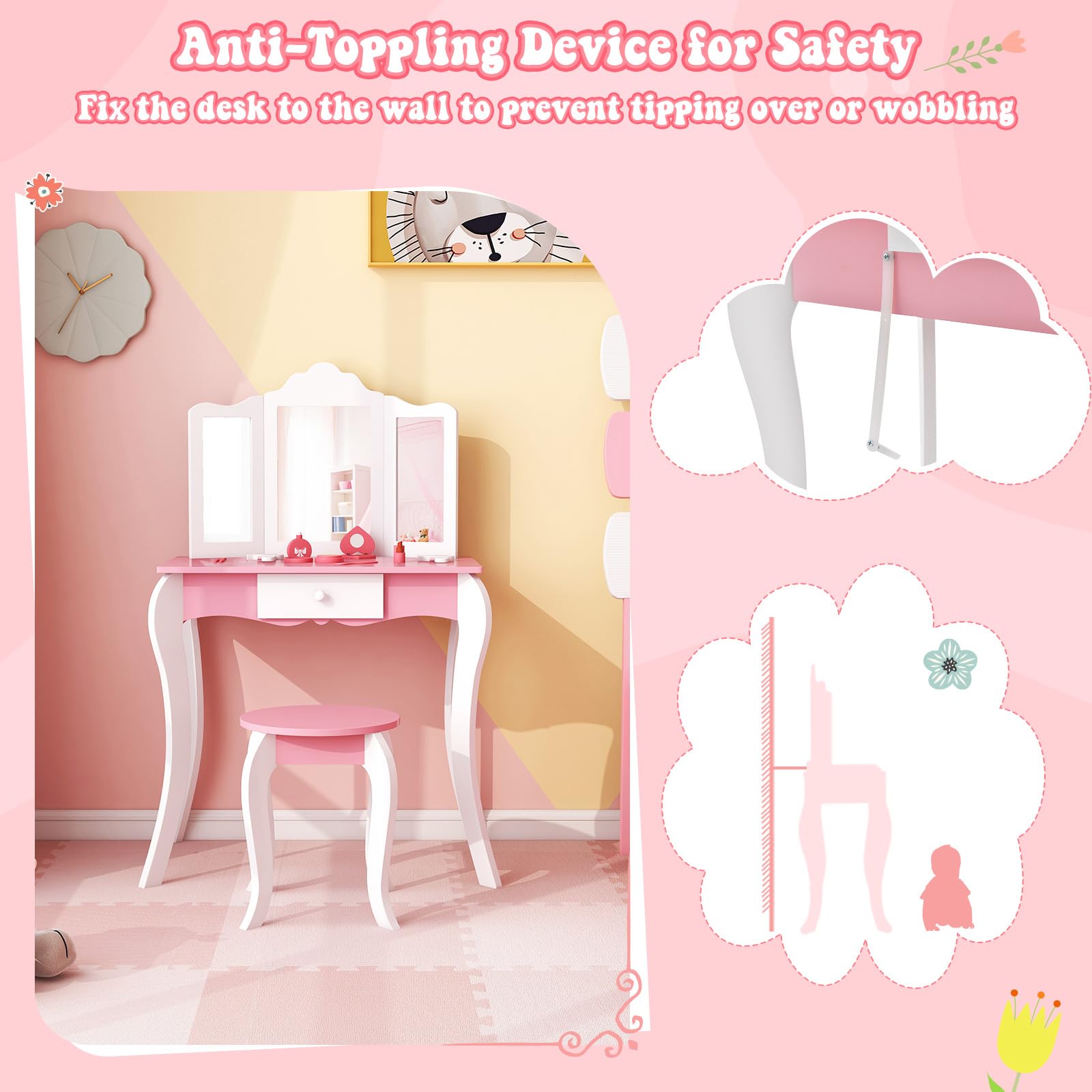 HOGEBABY Kids Vanity Table and Chair Set, Girls Vanity Set with Mirror and Stool, Storage Drawer - Image 4