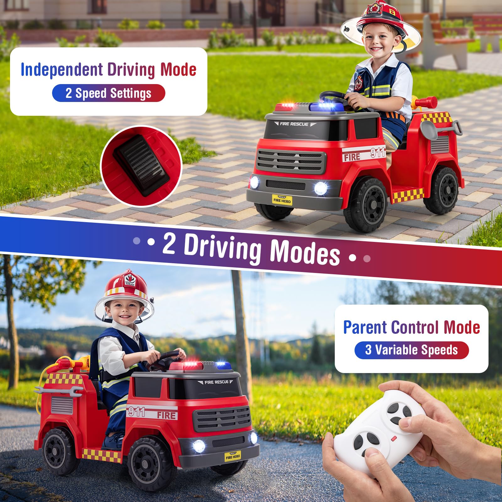 HOGEBABY 12V Battery Powered Fire Car Toy with Water Gun & Tank - Image 4