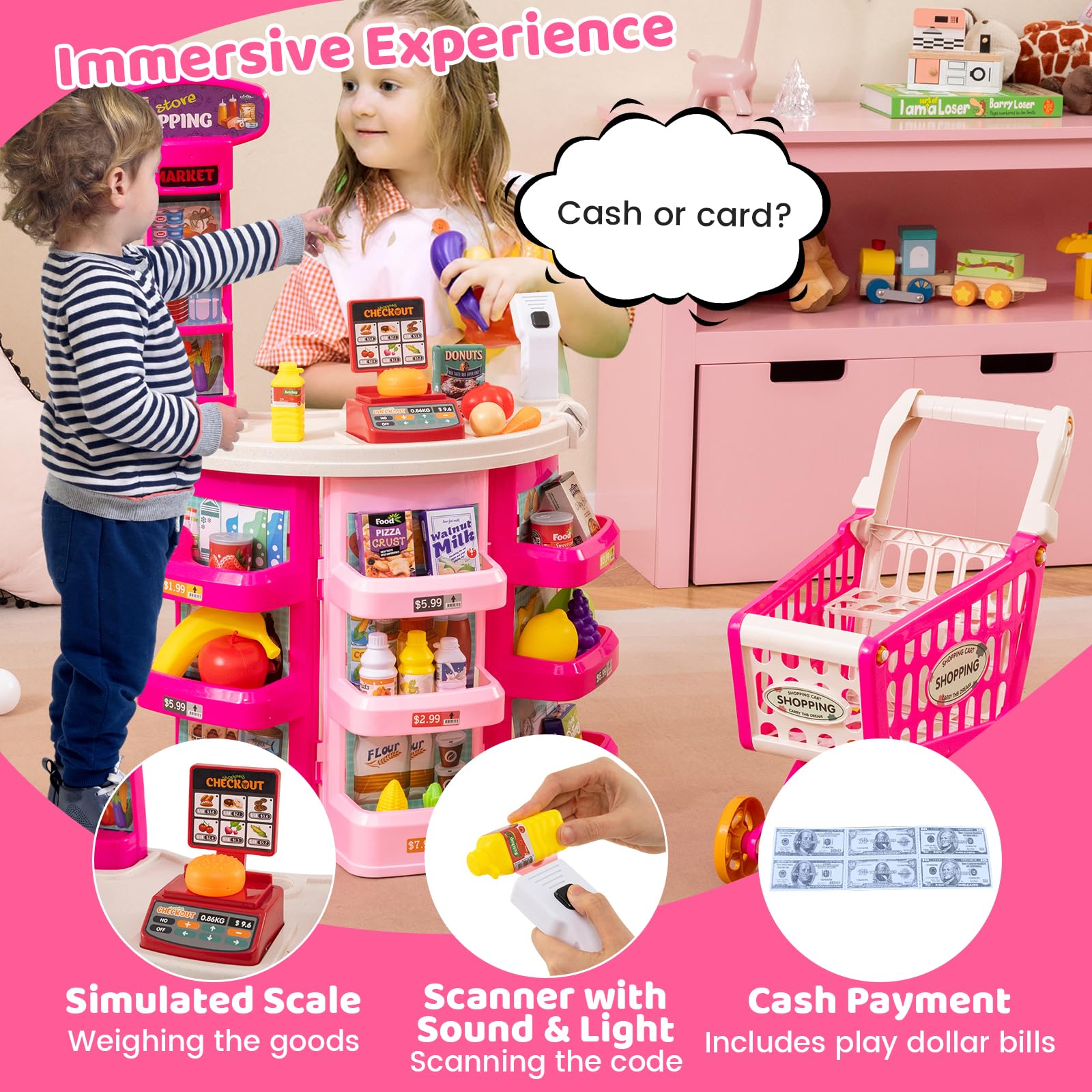 HOGEBABY Grocery Store Playset Grocery Store Pretend Play w/ Shopping Cart - Image 3