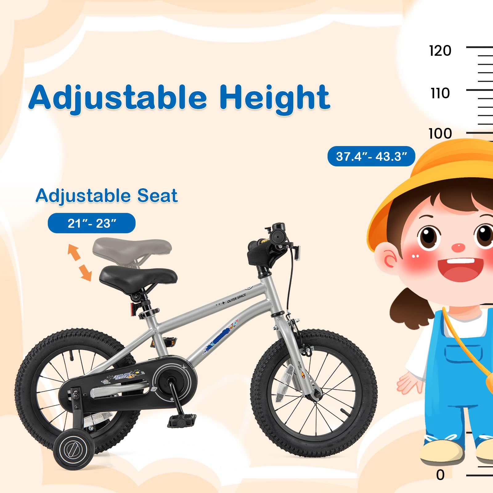 HOGEBABY Outer Space Kids Bike, 14 Inch Sport Bicycle for 4-7 Years Old w/Adjustable Saddle, Training Wheels - Image 3