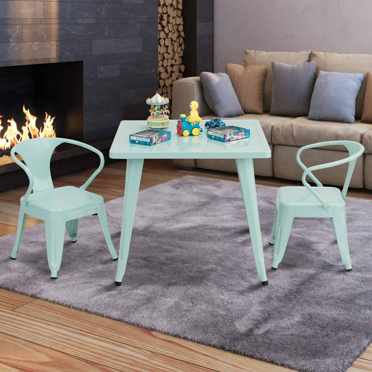 HOGEBABY Kids Table and 2 Chair Set for Indoor/Outdoor Use, Steel Table and Stackable Chairs (Mint Green, Table & Chairs) - Image 3