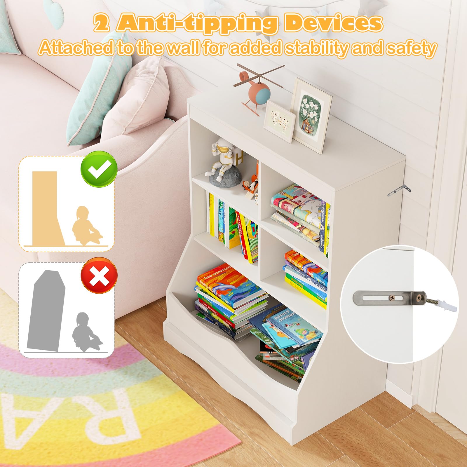 HOGEBABY Toy Storage Organizer, 5-Cubby Kids Bookshelf with Footboard and Anti-Tipping Devices - Image 3