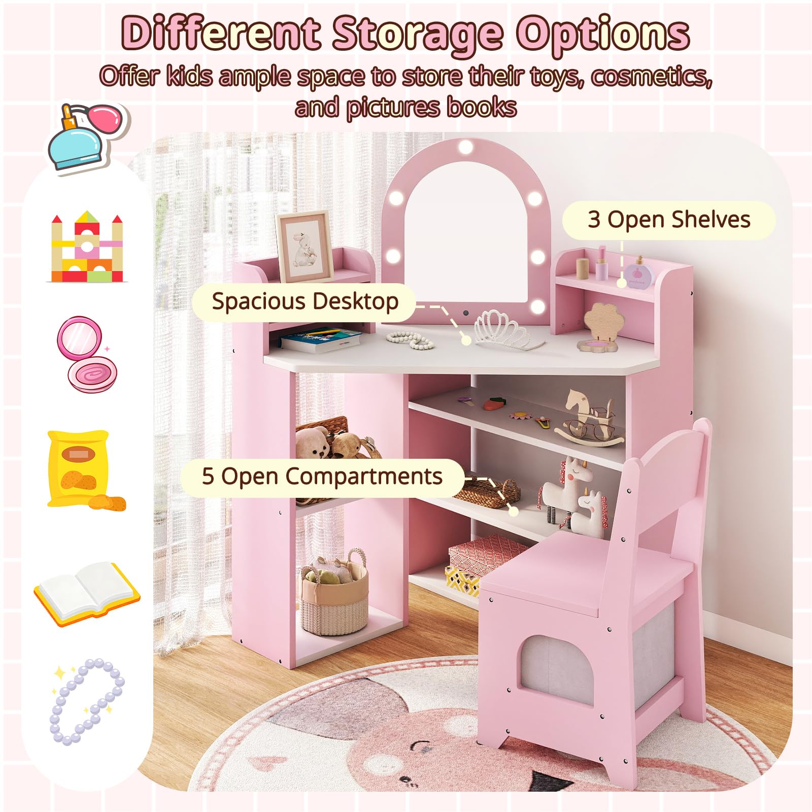 HOGEBABYKids Vanity Table and Chair Set with Lights - Image 3
