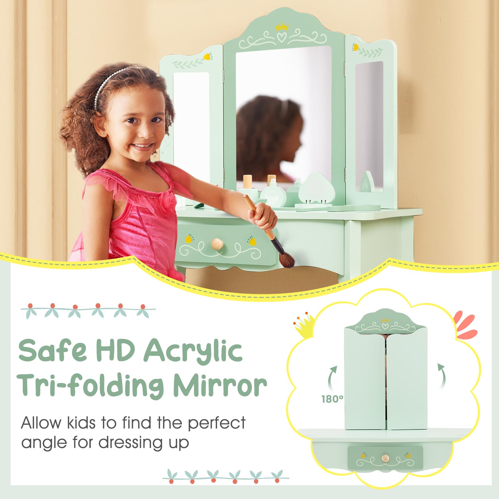 HOGEBABY Kids Vanity Set, 2 in 1 Princess Makeup Dressing Table & Chair Set w/Detachable Tri-fold Mirror - Image 5