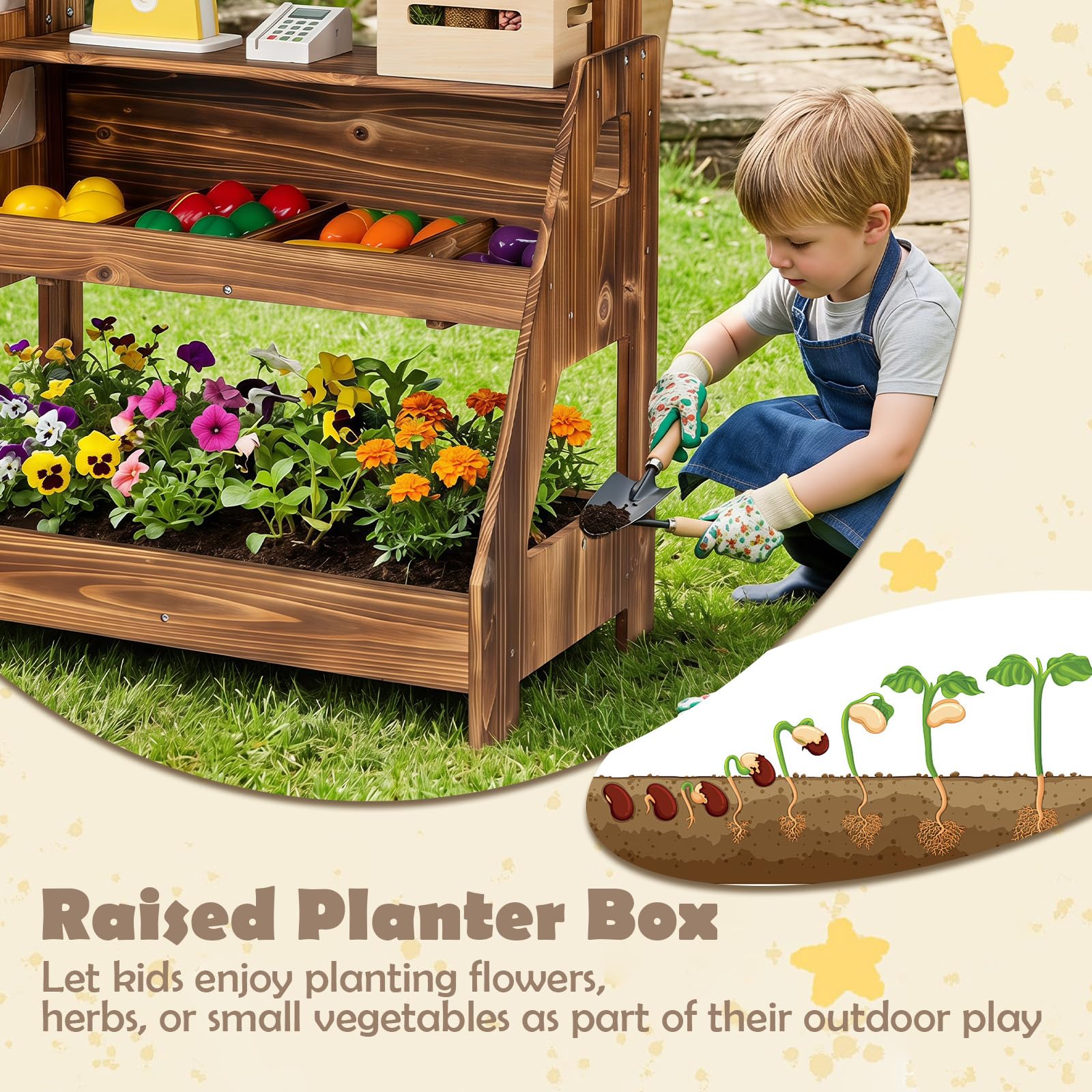 HOGEBABY Wooden Mud Kitchen & Market Stand for Kids Outdoor w/ 2 Chalkboards - Image 7