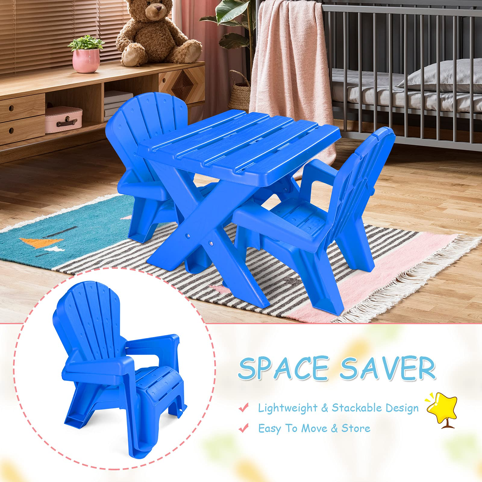 HOGEBABY Kids Plastic Table and 2 Chairs Set, Adirondack Chair for Indoor & Outdoor Garden - Image 11