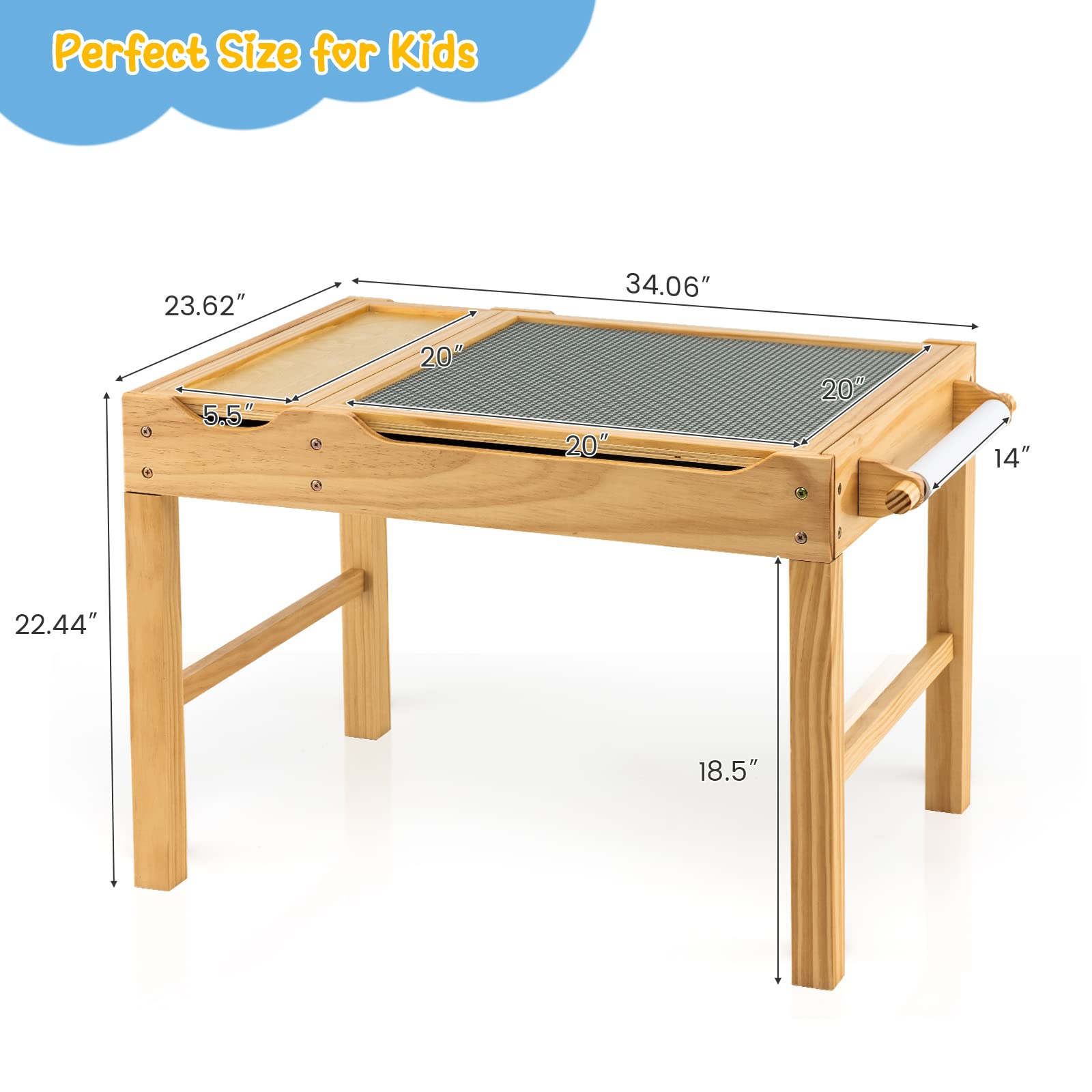 HOGEBABY Kids Table, 3 in 1 Wood Building Block Desk w/Storage, Paper Roll - Image 3