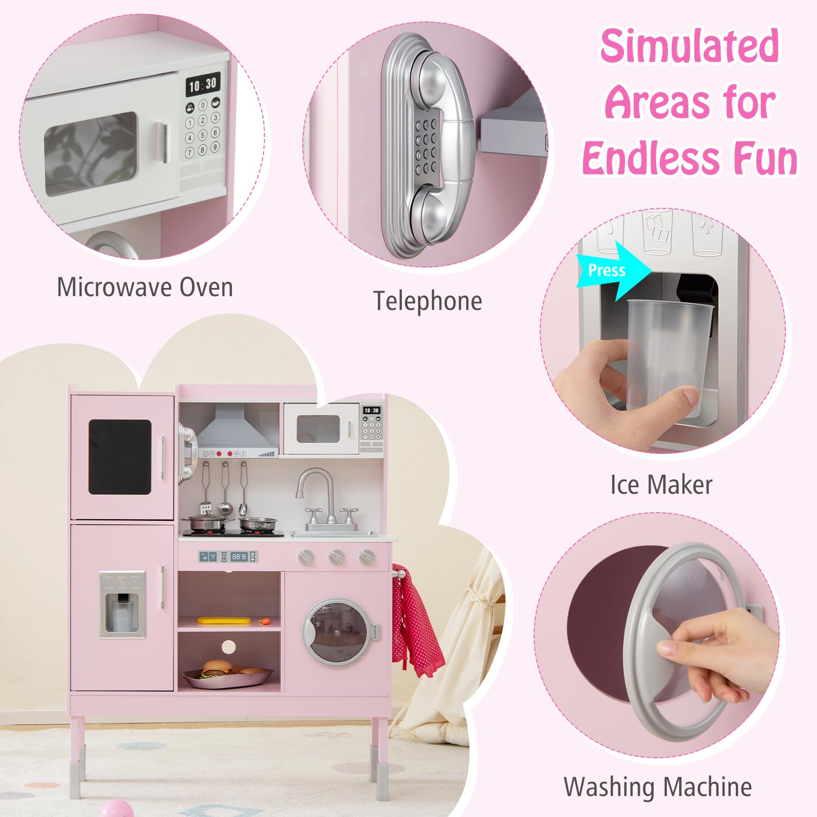 HOGEBABY Kids Pretend Play Kitchen, Wooden Kitchen Toy Set w/Range Hood, Stove, Microwave - Image 3