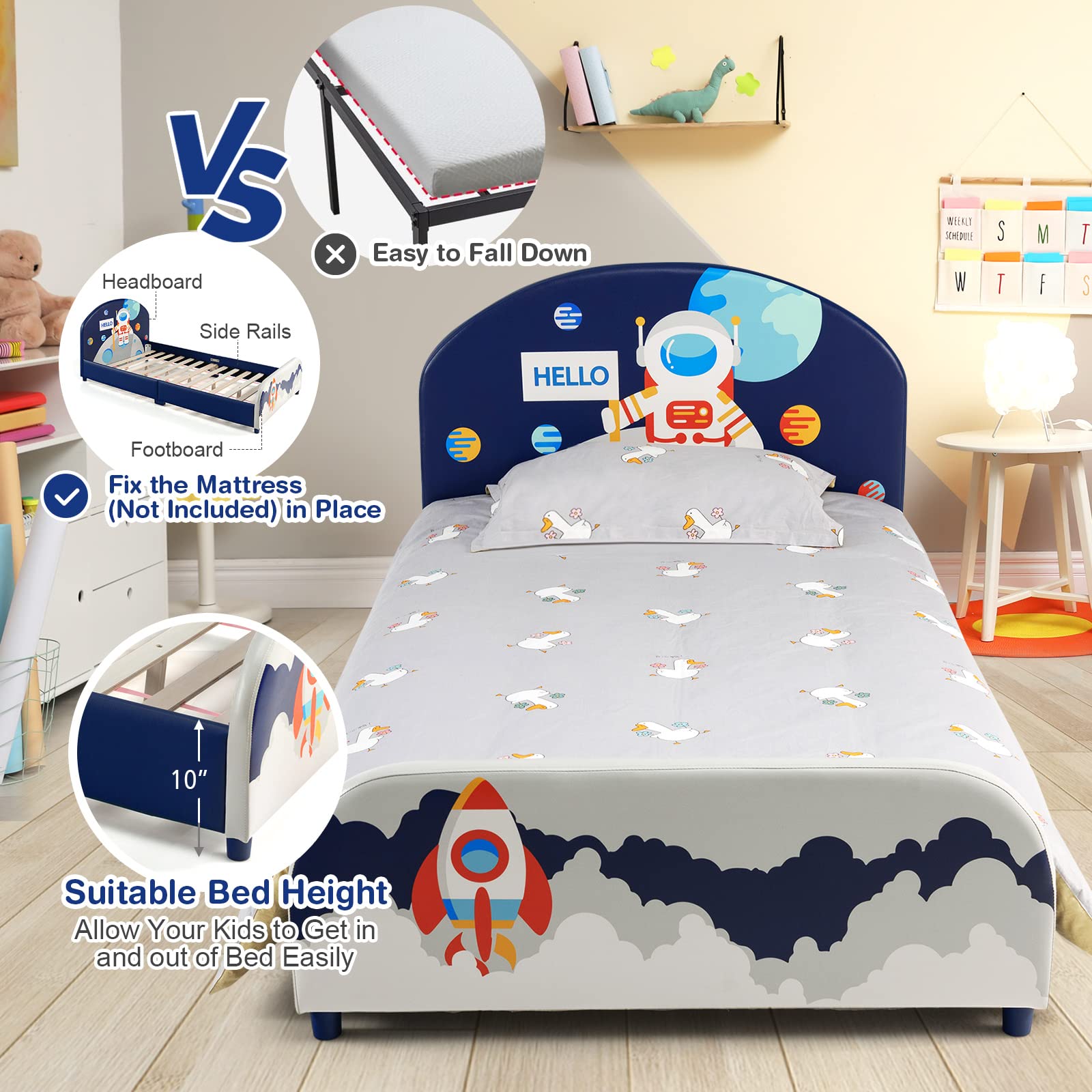HOGEBABY Twin Bed Frames for Kids, Wood Upholstered Twin Bed Platform with Slat Support - Image 3