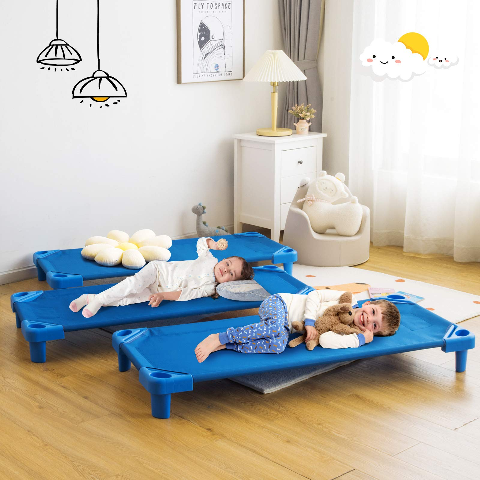 HOGEBABY Daycare Cots for Kids, Pack of 6, 51 L x 22.5 W Stackable Nap Cots with Easy Lift Corners - Image 3