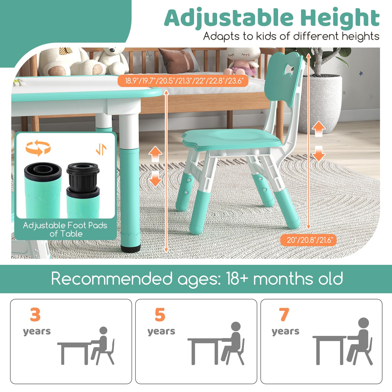 HOGEBABY Kids Table and 4 Chair Set, Height Adjustable Toddler Desk and Chairs, Children Art Study Multi-Activity Table Set - Image 4