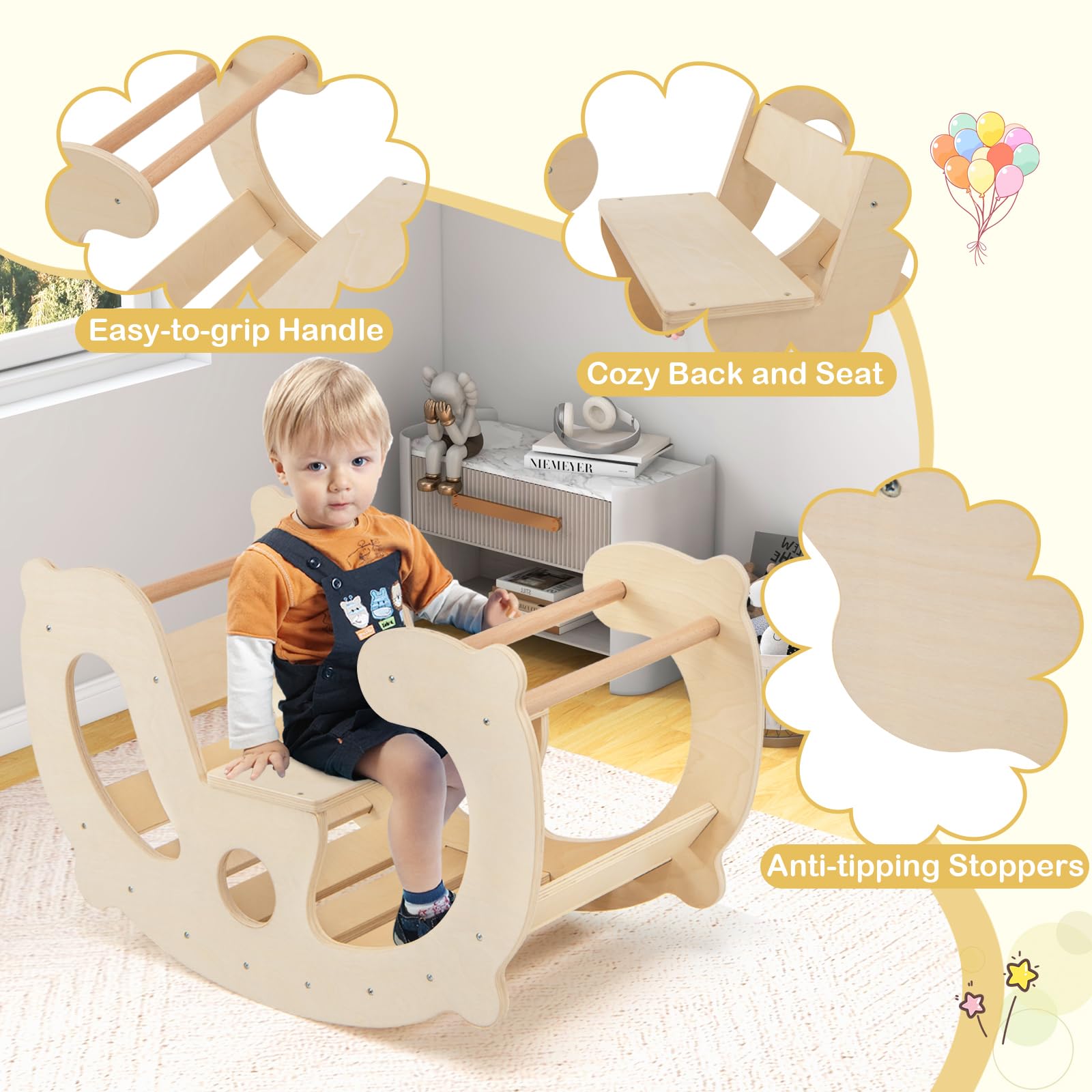 HOGEBABY Wooden Arch Rocker, 2-in-1 Montessori Rocking Toys for Toddlers with Easy-Grip Handles - Image 3