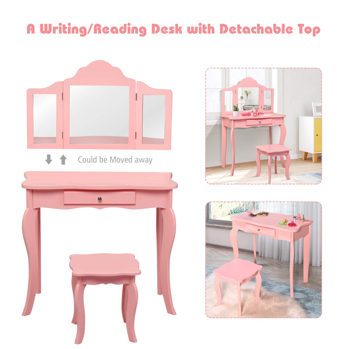 HOGEBABY Kids Wooden Vanity Table & Stool Set, 2 in 1 Detachable Design with Dressing Table and Writing Desk (Pink) - Image 3