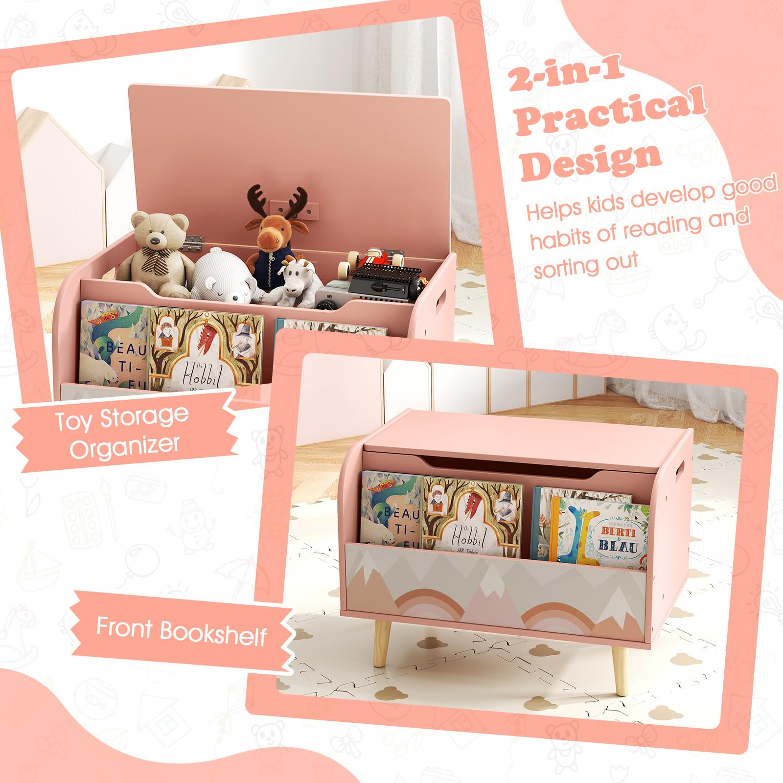 HOGEBABY Kids Wooden Toy Box 4 Solid Wood Legs Flip-top Lid - Image 3