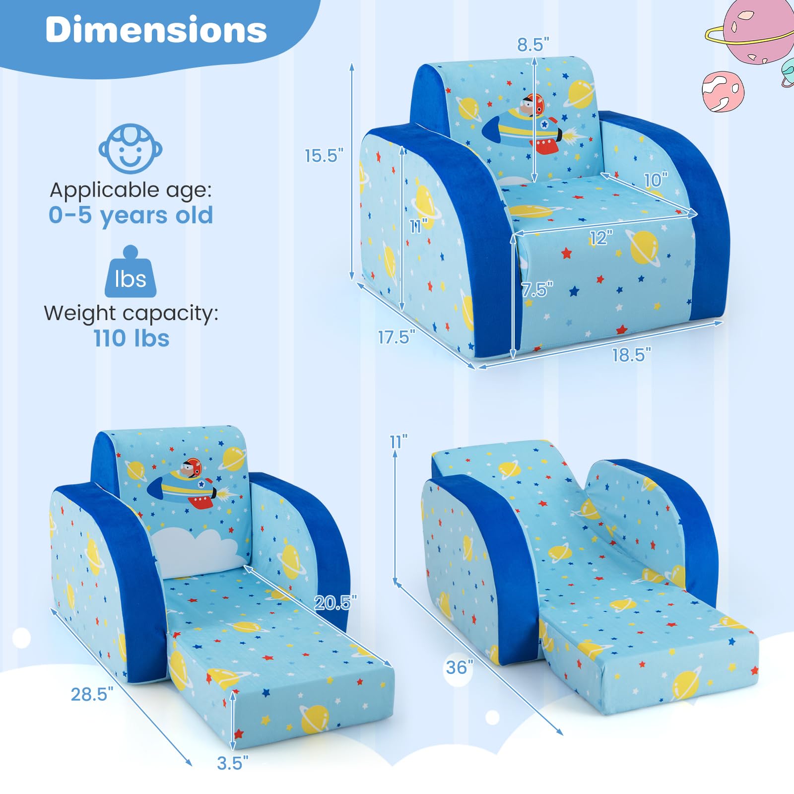 HOGEBABY Kids Couch, 3 in 1 Convertible Flip Open Children's Sofa, Toddler Armrest Chair Bed for Nap, Fold Out Lounger Kids Sofa, Gift for Children - Image 3