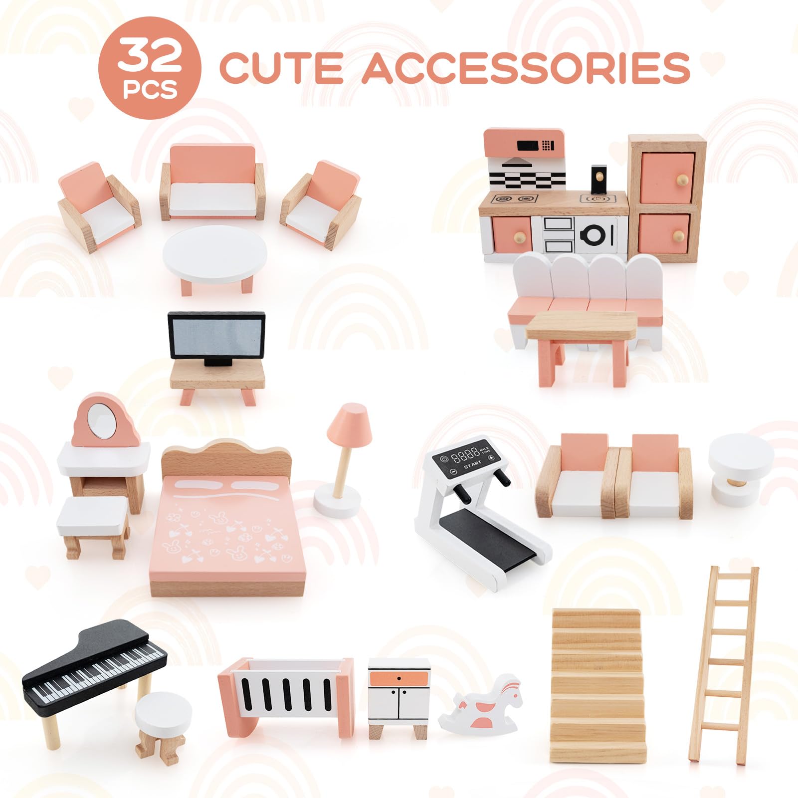 HOGEBABY Wooden Dollhouse for Kids, 3-Story Luxury Doll House with 32 Pieces Furniture Accessories - Image 4