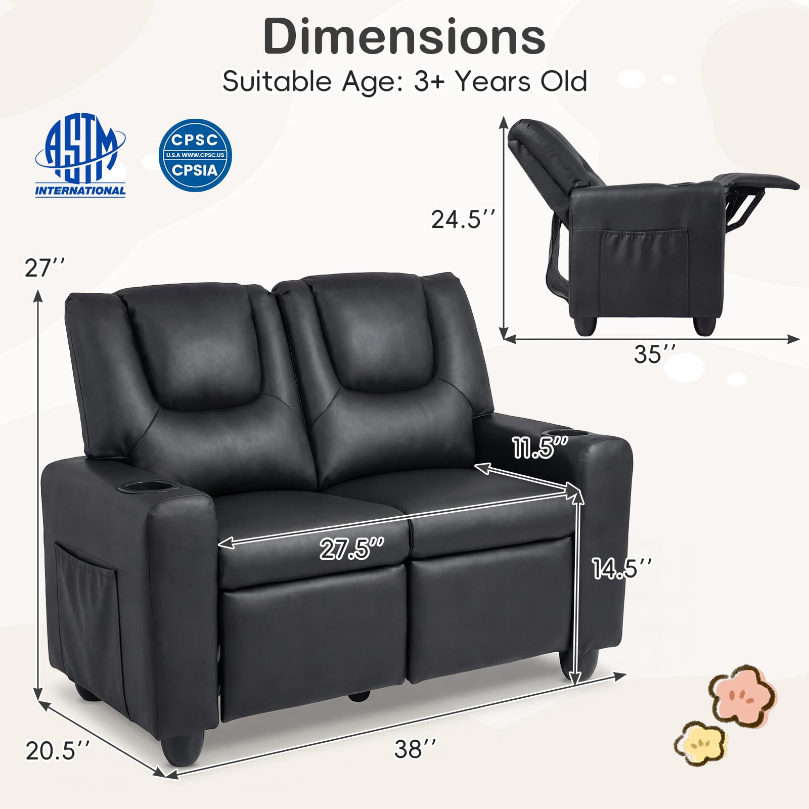 HOGEBABY 2-Seater Kids Recliner | PU Leather Kids Loveseat w/2 Cup Holders & 2 Side Storage Pockets - Image 3