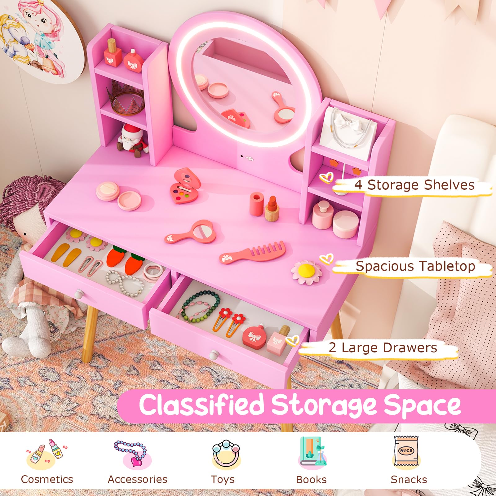 HOGEBABY Kids Vanity, Girls Vanity Set with Mirror and Stool and Lights, Drawers, Storage Shelves - Image 4