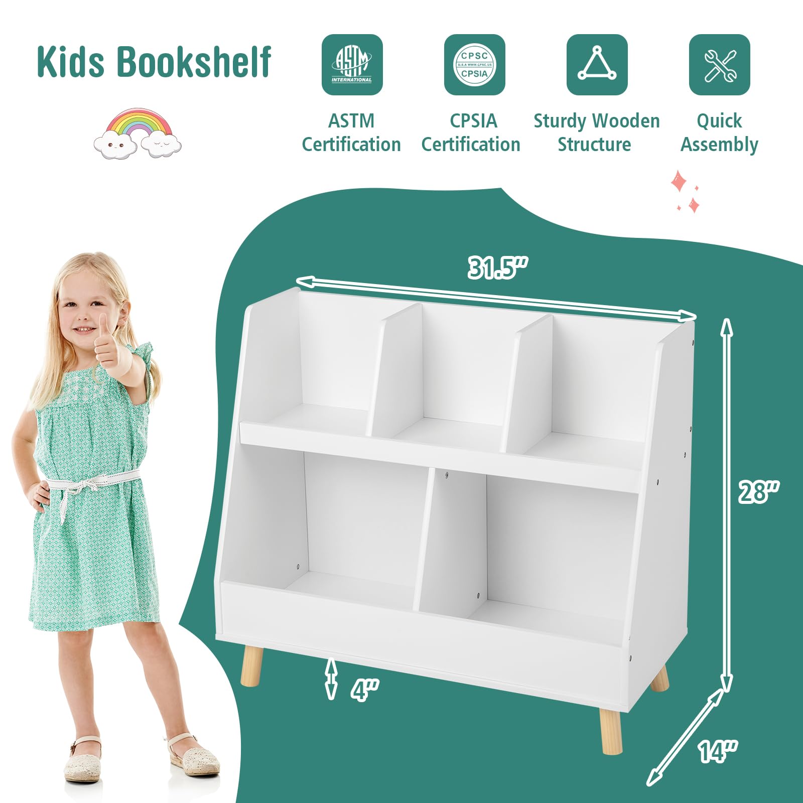 HOGEBABY Toy Organizers and Storage with Bookshelf, 5 Cubbies Wooden Toy Cabinet and Montessori Bookcase w/Solid Legs - Image 4