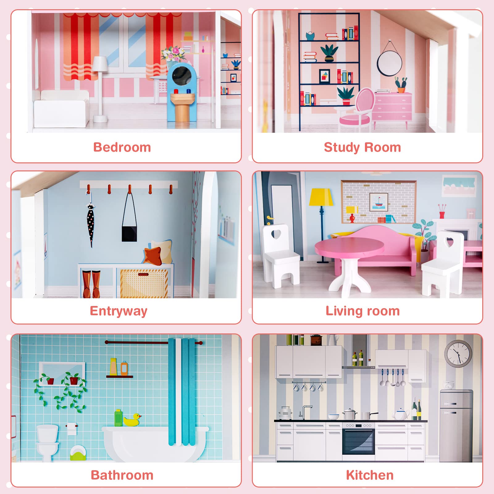 HOGEBABY Wooden Dollhouse, 3-Story Pretend Play Doll House with Living Room Bedroom - Image 3