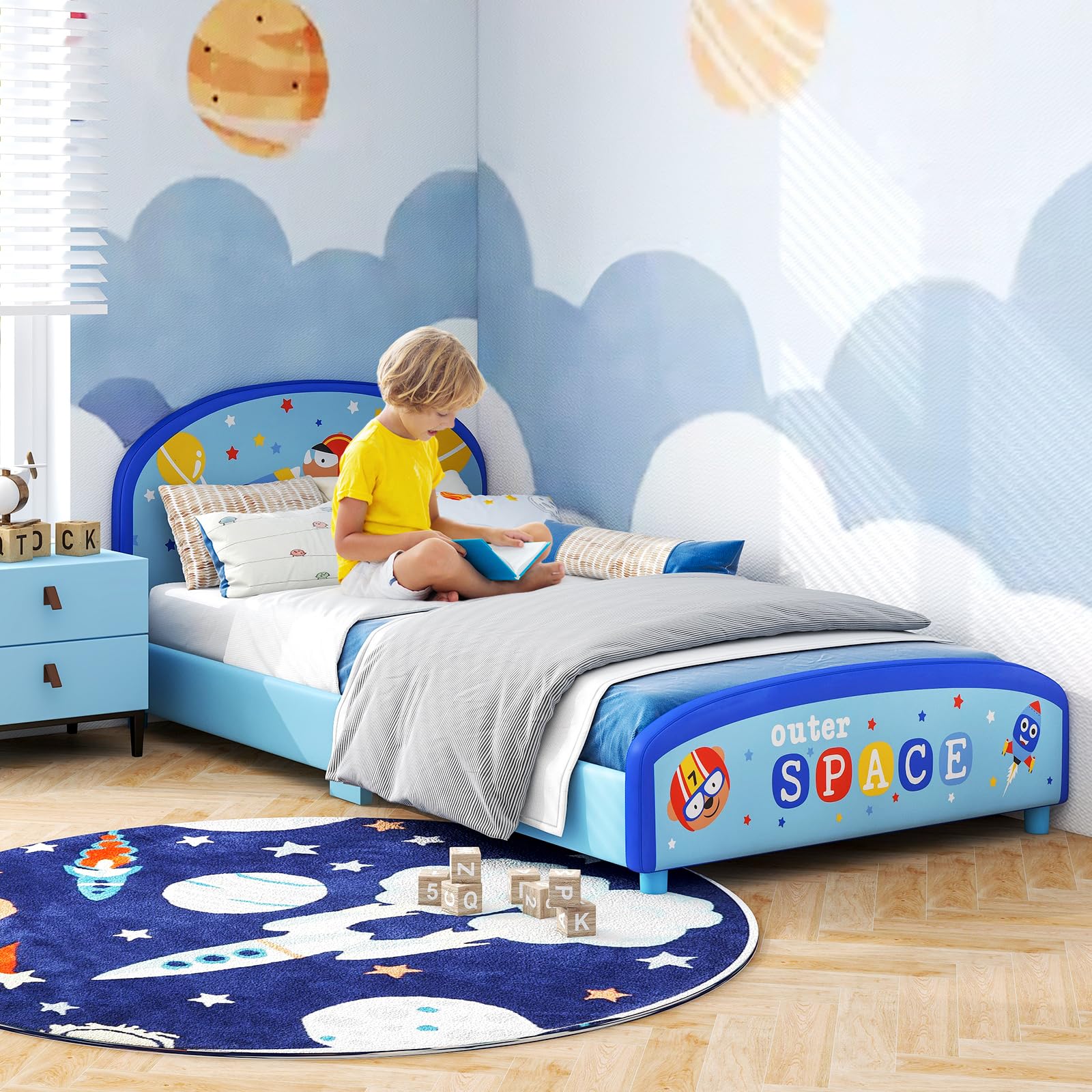 HOGEBABY Twin Bed Frames for Kids, Wood Upholstered Twin Bed Platform with Slat Support, Fits Standard Twin Mattress - Image 3