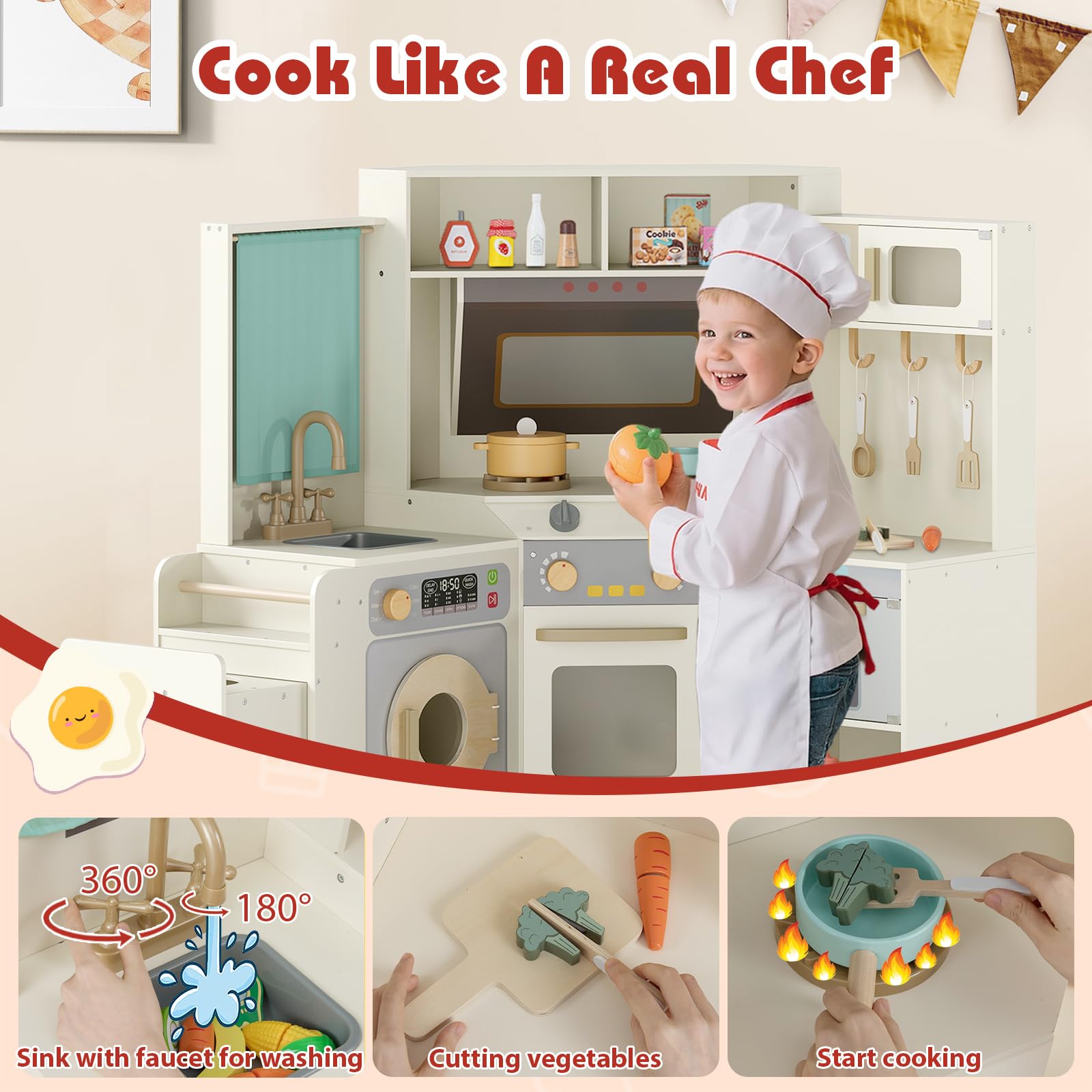 HOGEBABY Corner Play Kitchen, Large Pretend Play Kitchen with/Real Light & Sound - Image 3