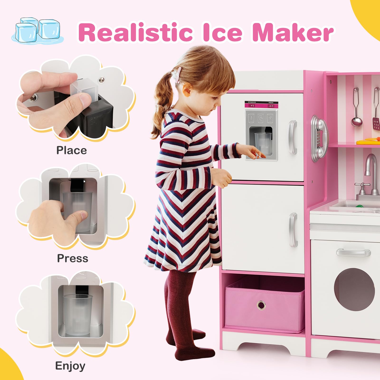 HOGEBABY Kids Kitchen Playset, Wooden Little Chef Pretend Play Kitchen with Deluxe LED Lights, Pink - Image 4