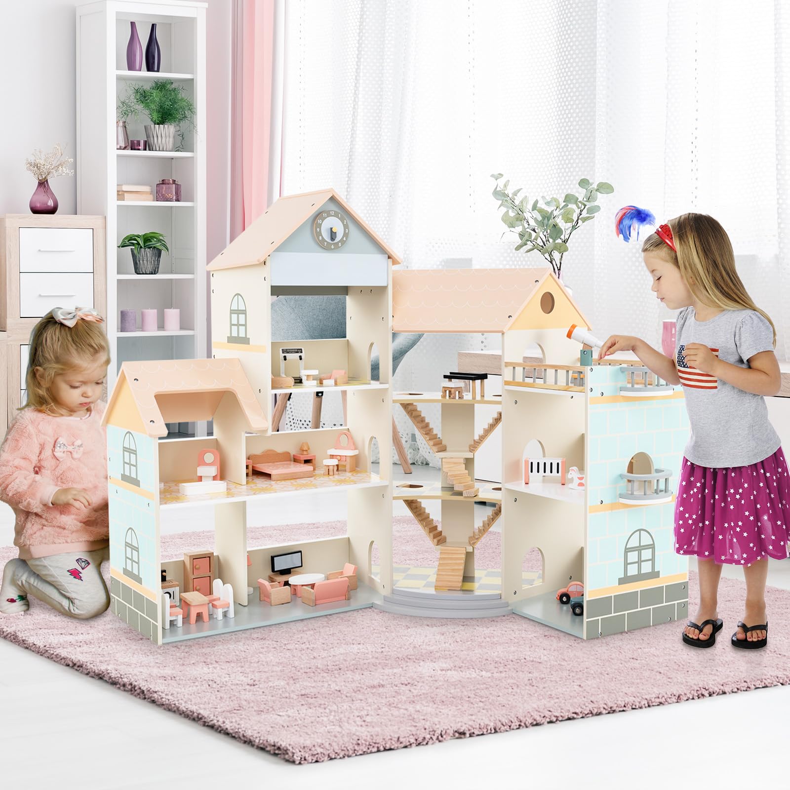 HOGEBABY Wooden Dollhouse for Kids, 3-Story Luxury Doll House, DIY Pretend Dollhouse Playset - Image 2