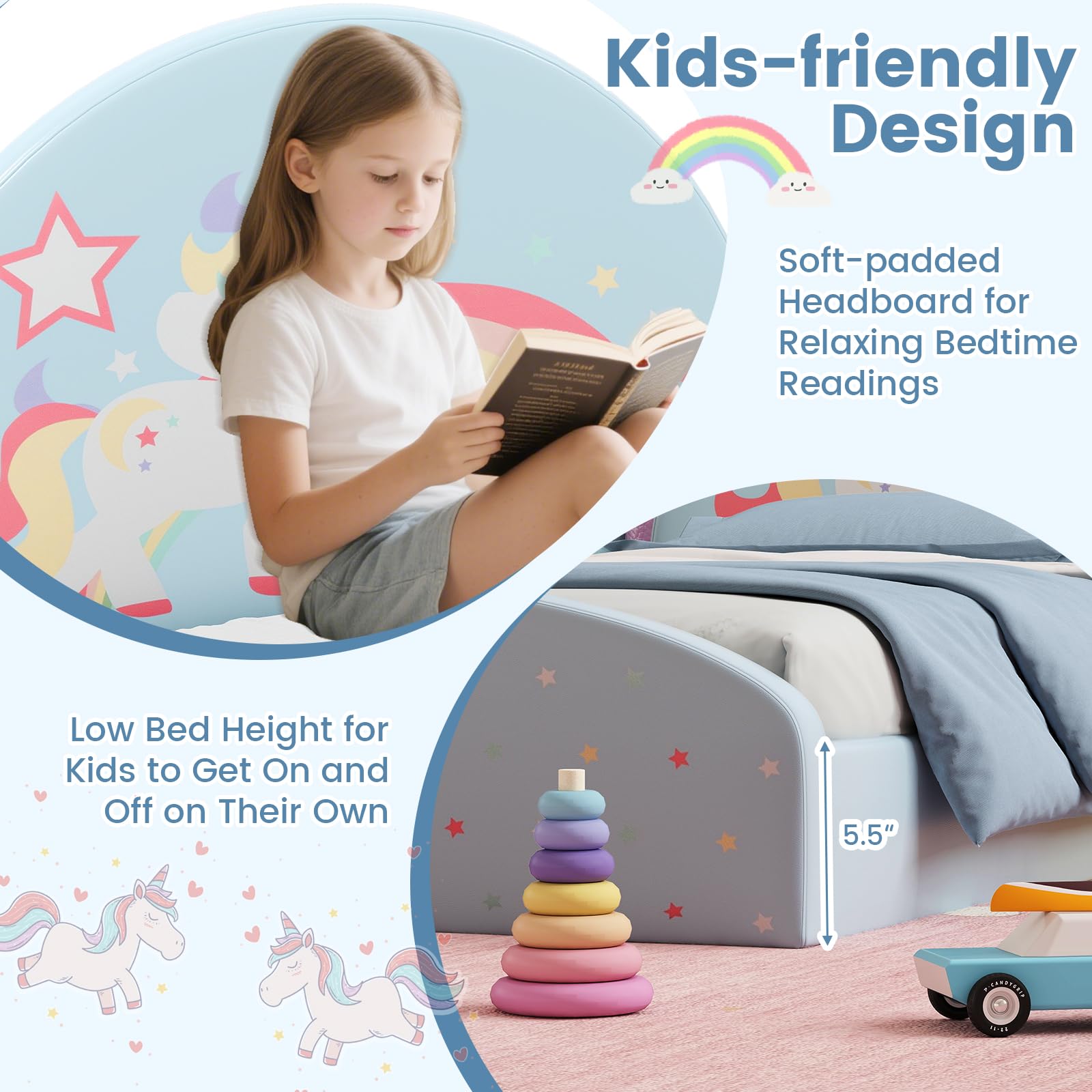 HOGEBABY Twin Floor Bed Frame Upholstered Kids Bed with 210D Oxford Cloth Floor Mat - Image 4
