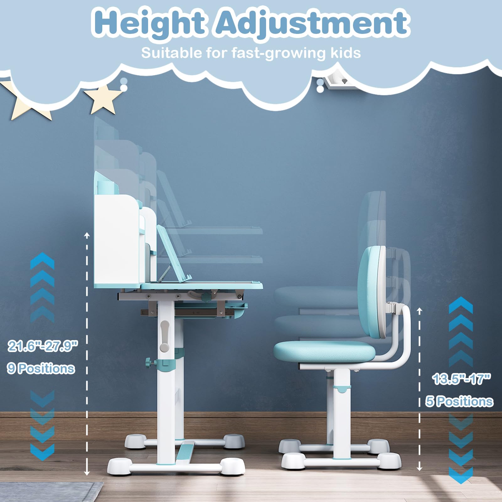 HOGEBABY Kids Height-Adjustable Study Desk and Chair Set with Tilting Desktop - Image 4