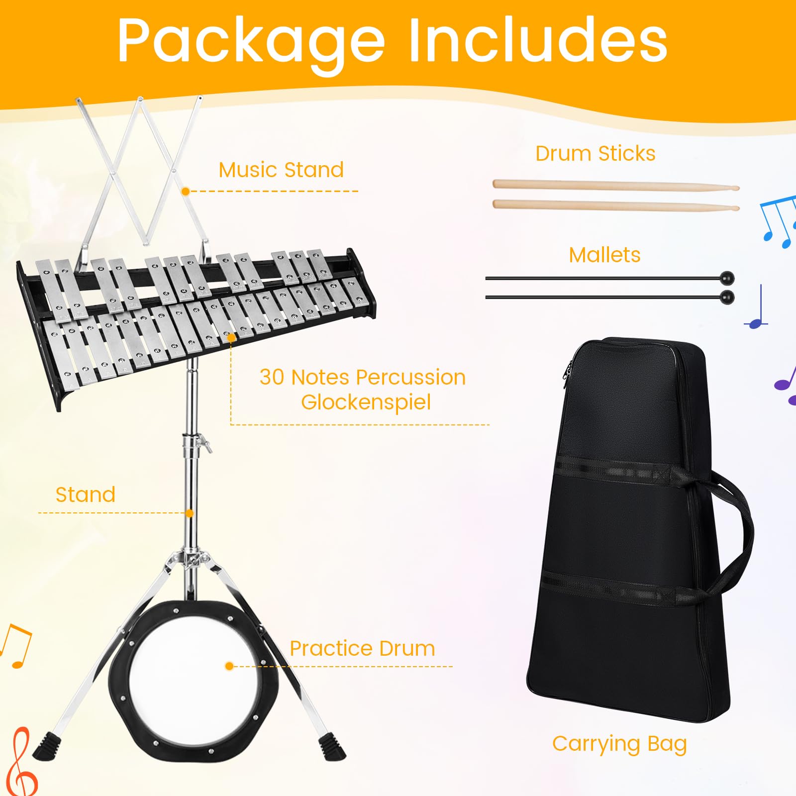 HOGEBABY 30 Notes Glockenspiel Xylophone Bell Kit, Xylophone Percussion Instrument with Height Adjustable Stand - Image 4