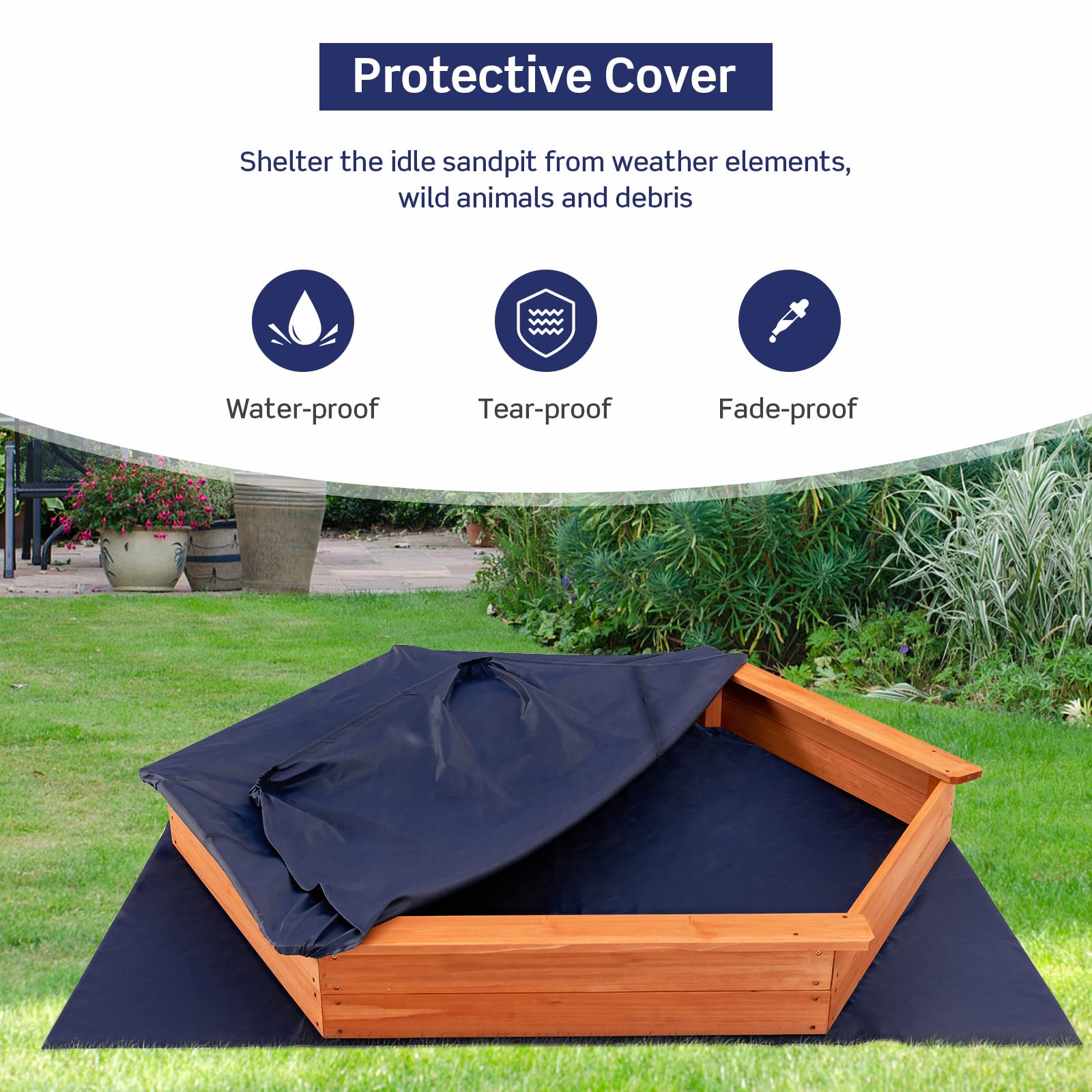 HOGEBABY Wooden Sandbox with Seat Boards, Oxford Cover,Ground Liner, 73" x 64" Hexagon - Image 4