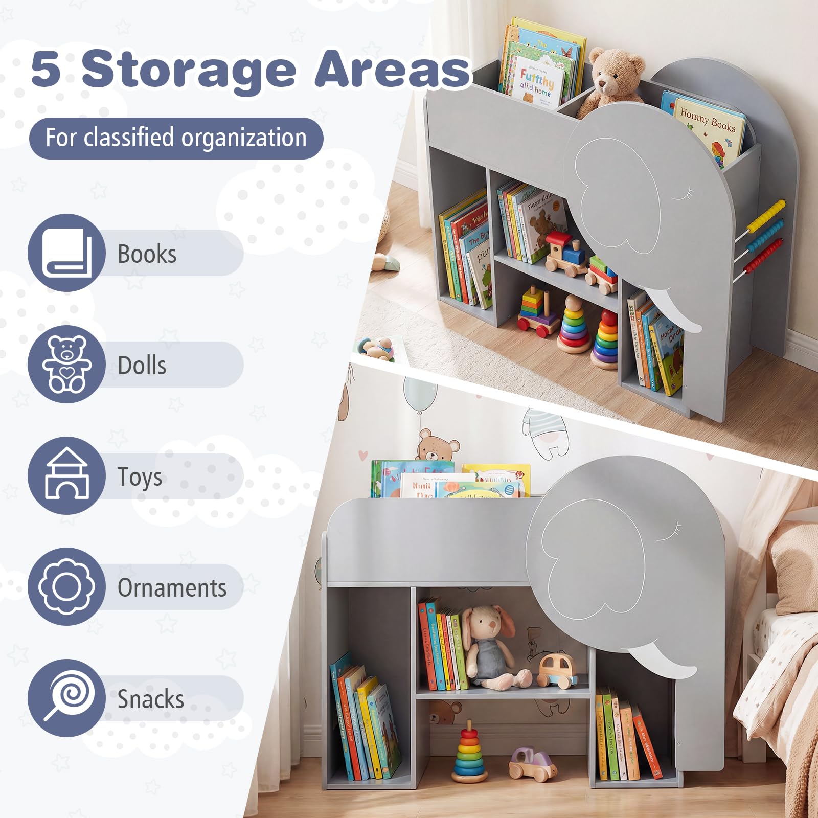 HOGEBABY Elephant Kids Bookshelf 3-Tier Toddler Toy Storage Organizer - Image 4