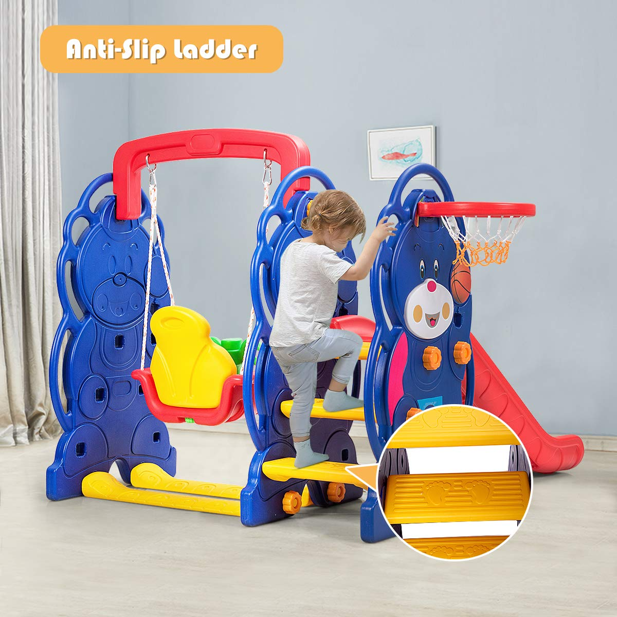 HOGEBABY Toddler Climber and Swing Set, 4 in 1 Climber Slide Playset w/Basketball Hoop (3-in-1 Bear Slide & Swing Set) - Image 5