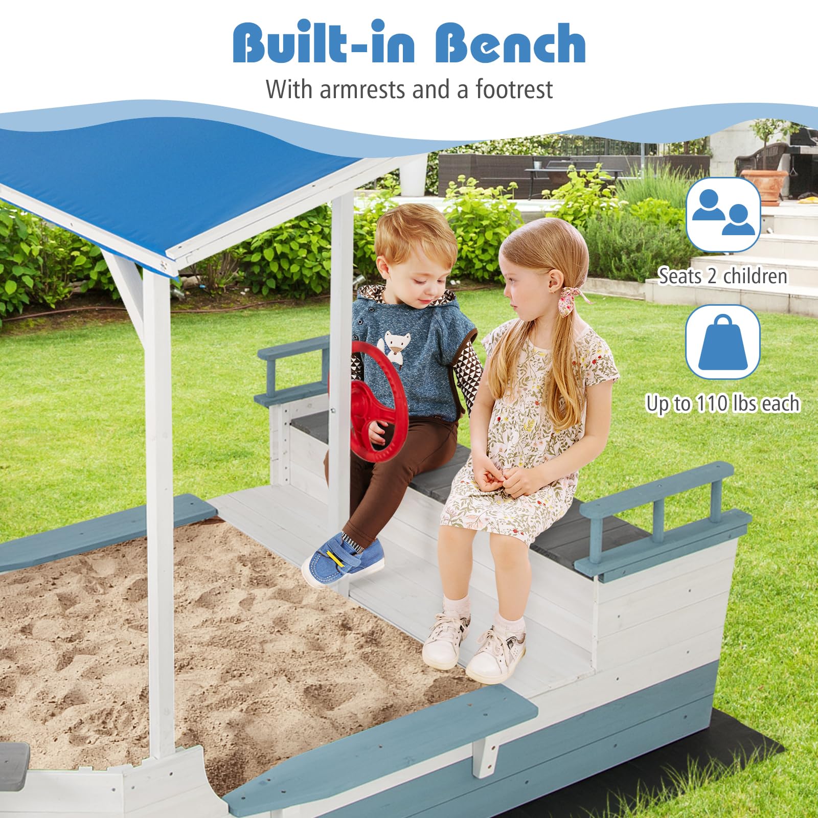 HOGEBABY Pirate Ship Sandbox with Canopy Fir Wood Boat Sand Box w/Flag - Image 4