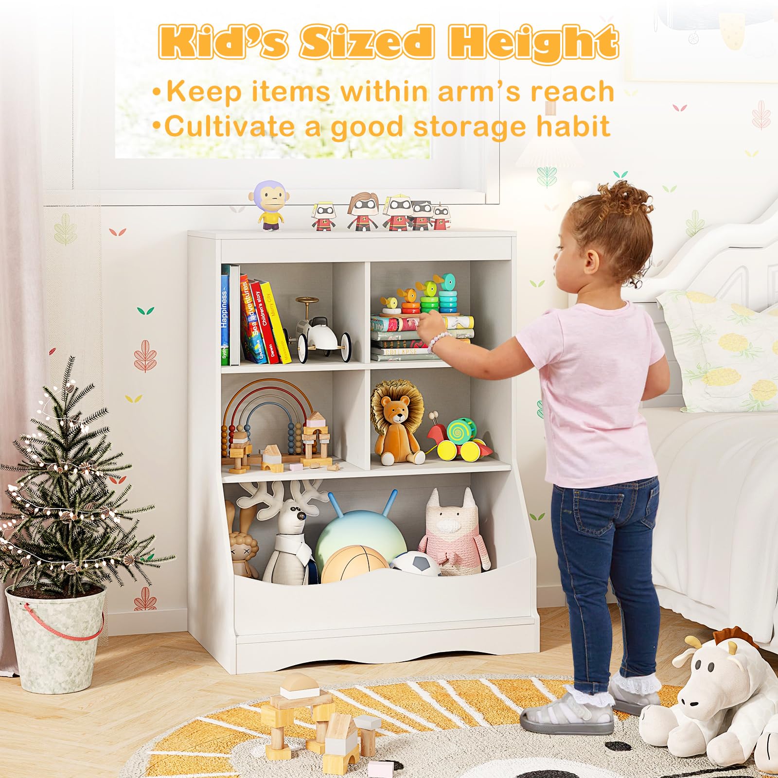 HOGEBABY Toy Storage Organizer, 5-Cubby Kids Bookshelf with Footboard and Anti-Tipping Devices - Image 5