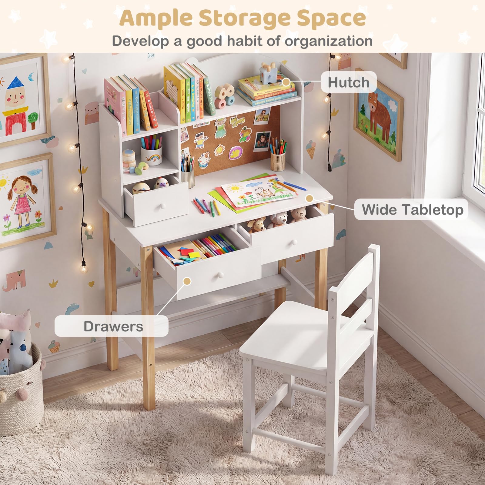 HOGEBABY Kids Wooden Study Writing Table Set w/Hutch - Image 4