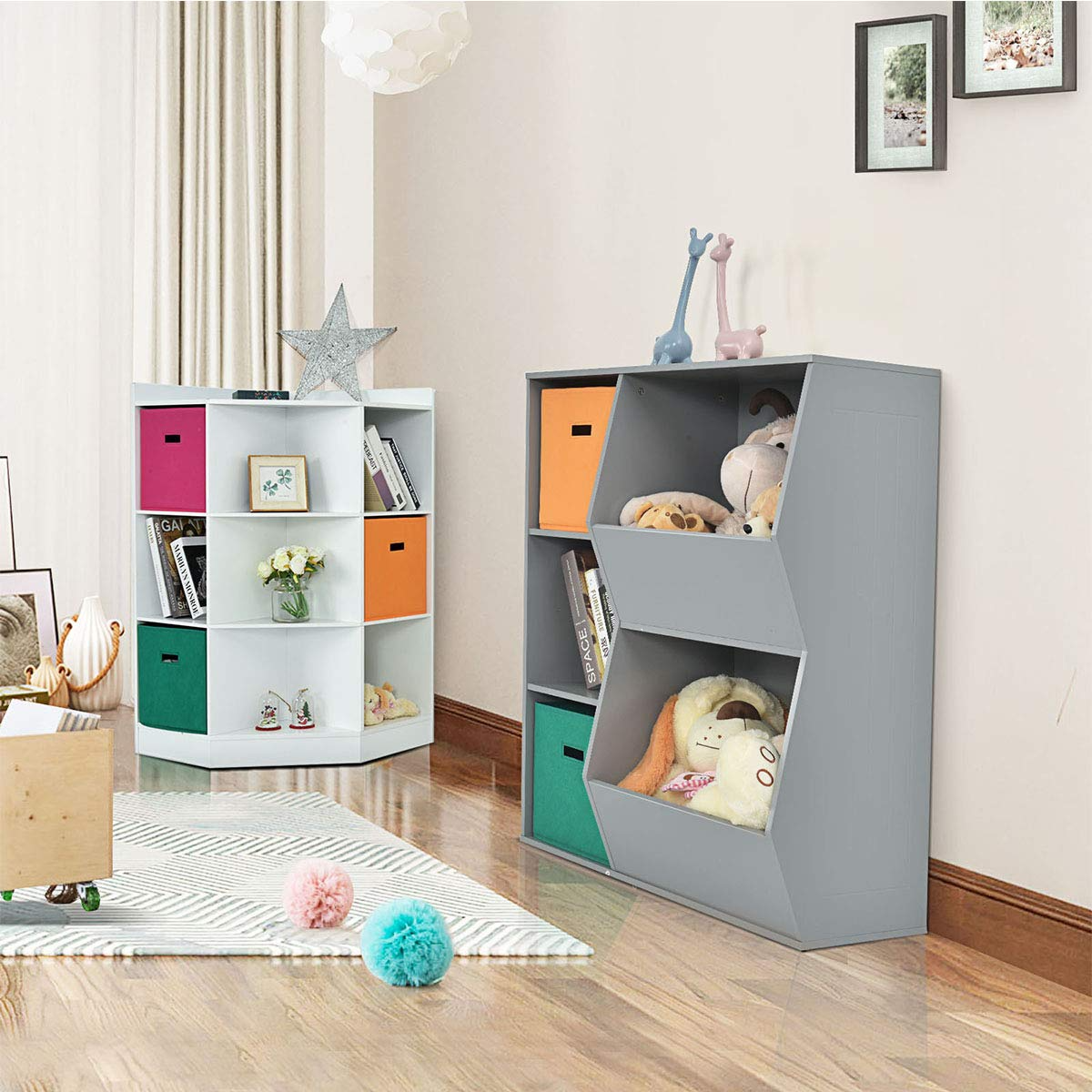 HOGEBABY 9-Cubby Kids Bookcase, Children's Corner Cabinet with 6 Cubes and 3 Shelves, Wooden Toy Organizers and Storage Book Shelves - Image 5