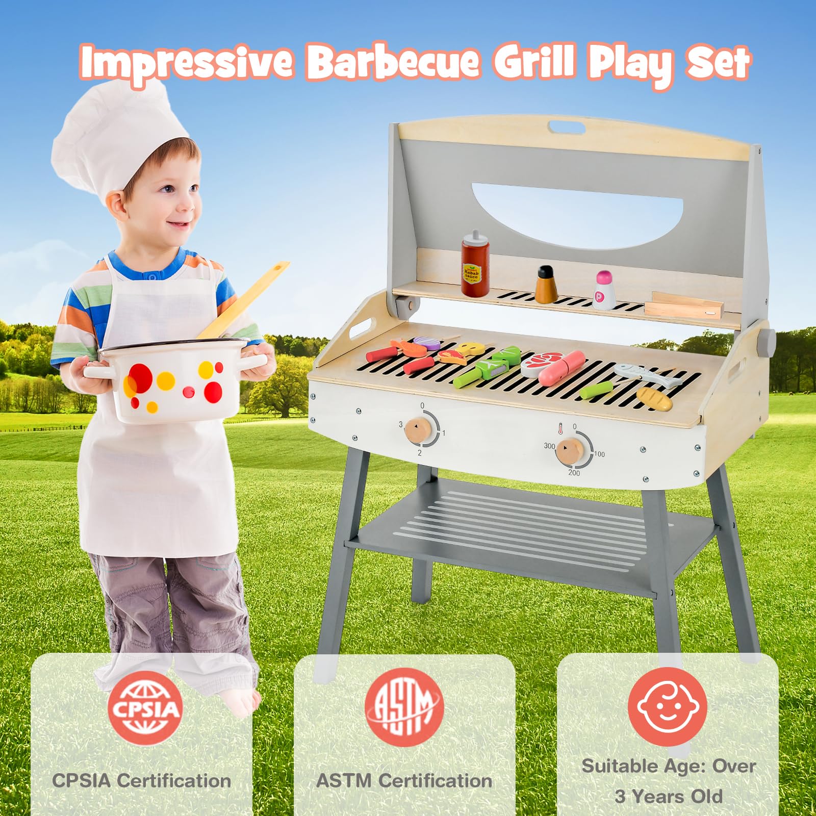 HOGEBABY Kids Barbecue Grill Playset, Wooden Kitchen Playset with 17 Play Food & Barbecue Accessories - Image 4