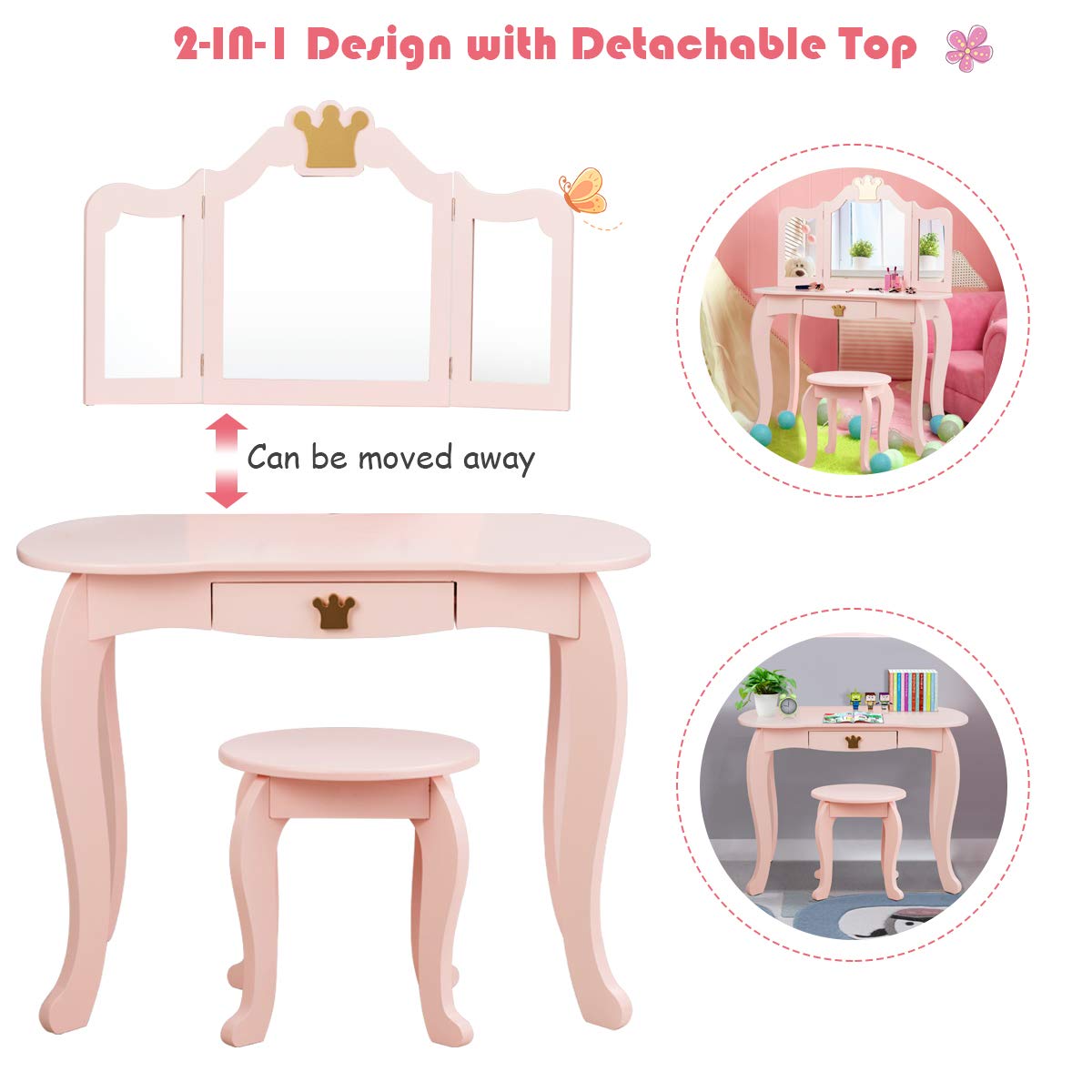 HOGEBABY Kids Vanity Table and Chair Set,2 in 1 Vanity Set with Detachable Top, Pretend Beauty Play Vanity Set for Girls - Image 4