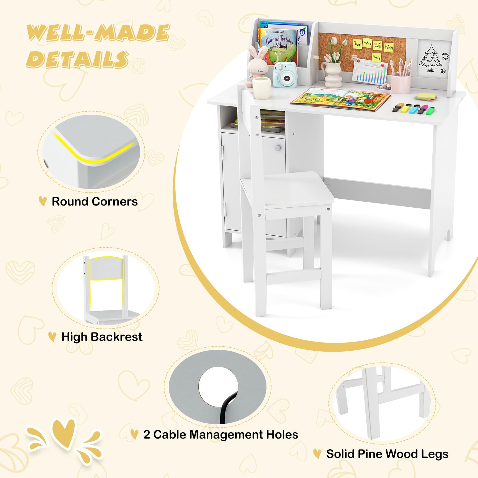 HOGEBABY Kids Desk and Chair Set, Wooden Children Study Table with Hutch - Image 4